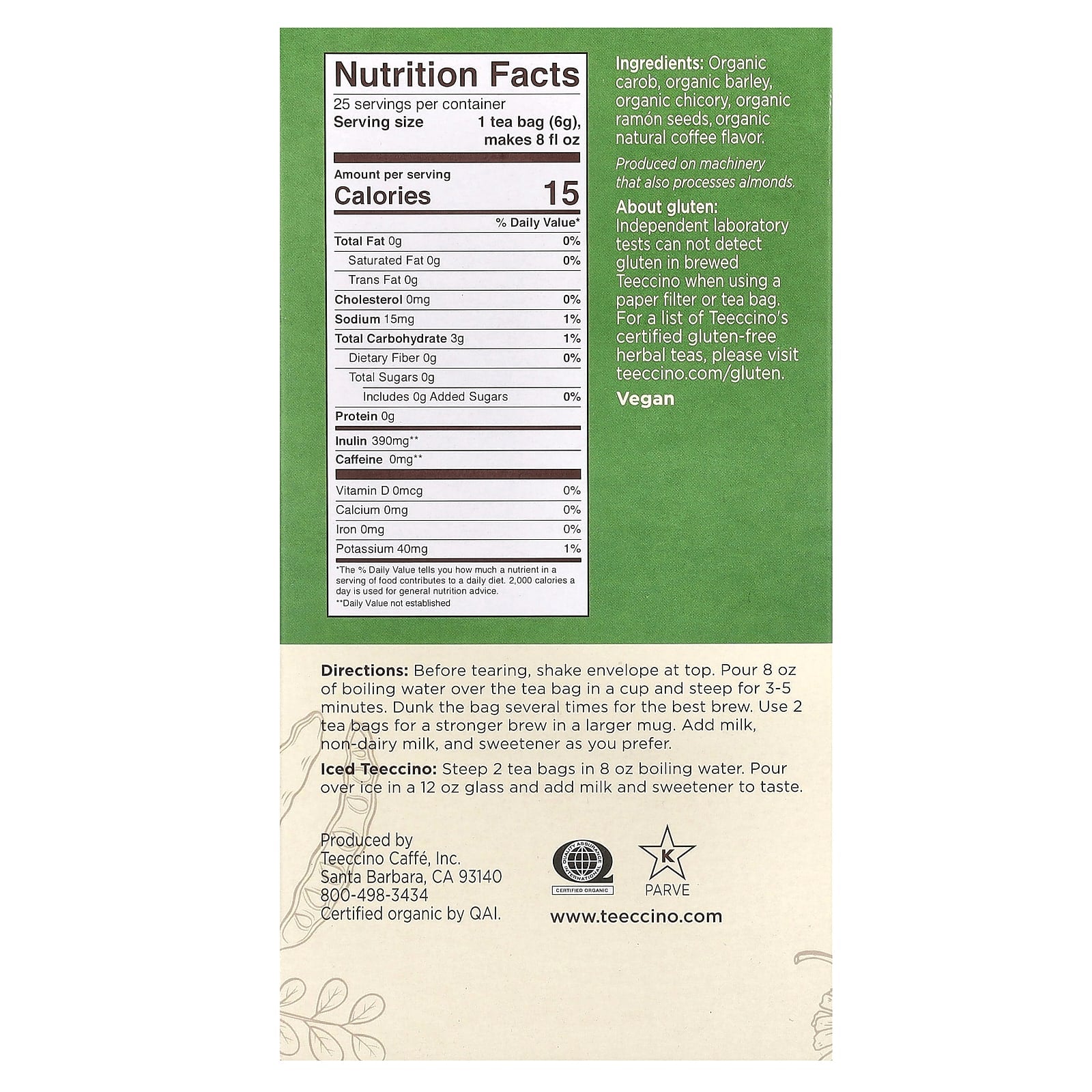 Teeccino, Organic Roasted Herbal Tea, French Roast, Caffeine Free, 25 Tea Bags, 5.3 oz (150 g) - Image 2