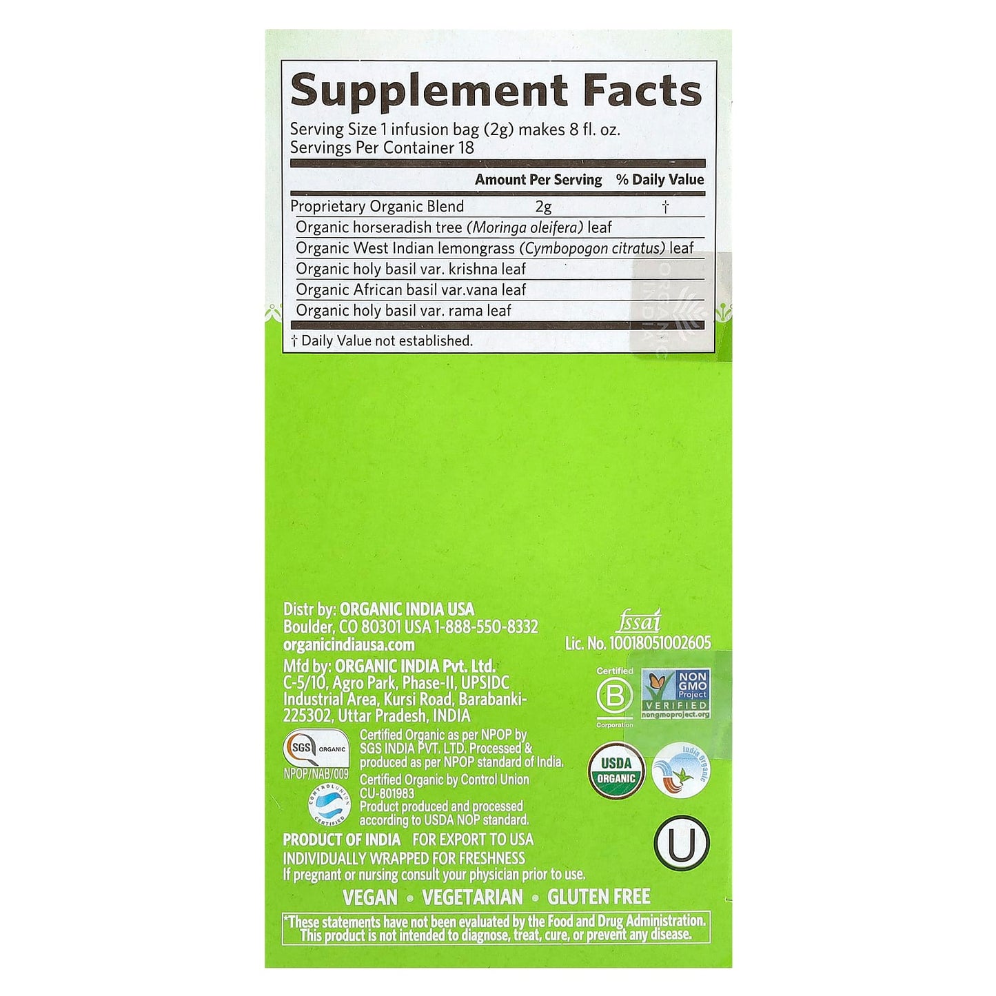 Organic India, Tea, Tulsi Moringa, Caffeine Free, 18 Infusion Bags, 1.27 oz (36 g) - Image 2