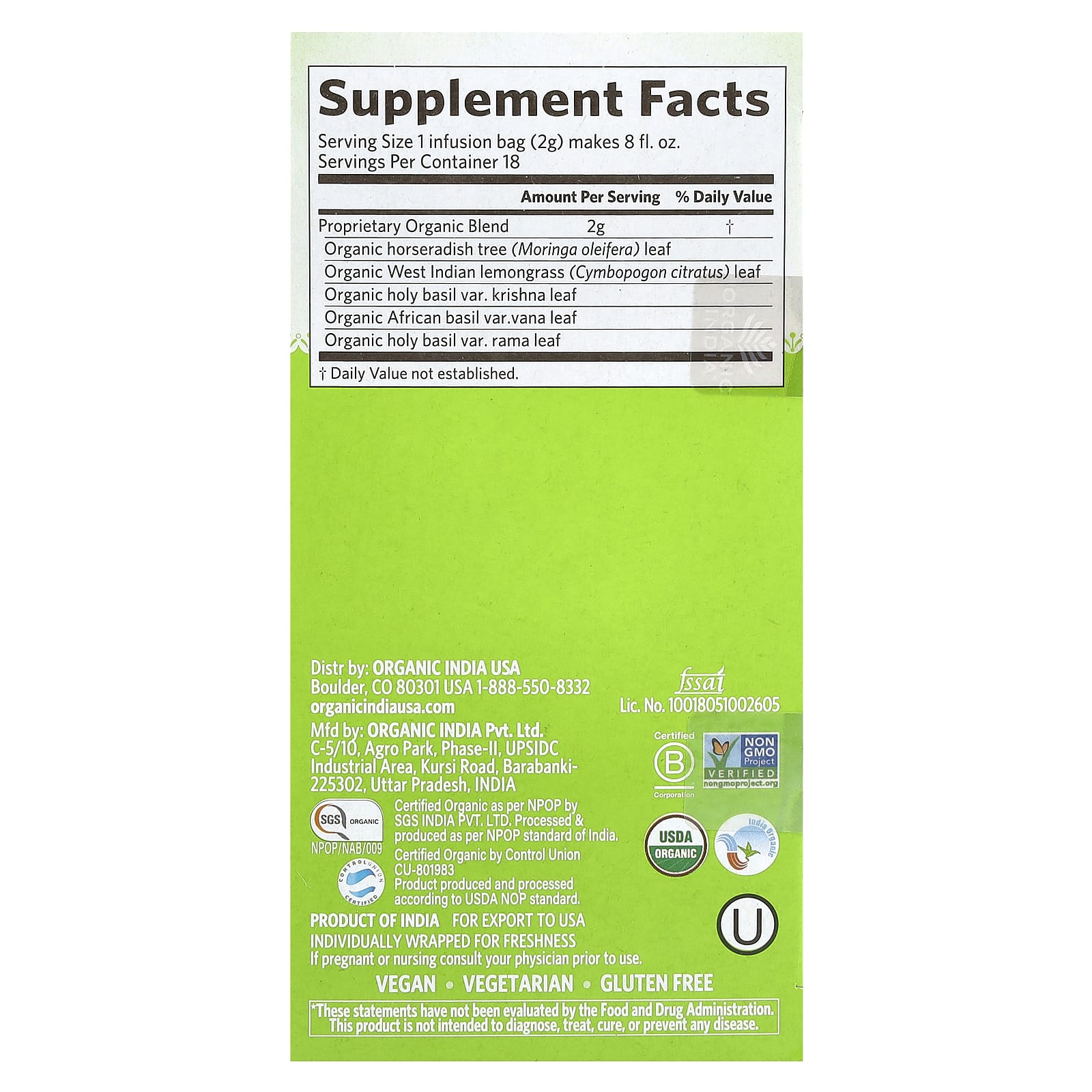 Organic India, Tea, Tulsi Moringa, Caffeine Free, 18 Infusion Bags, 1.27 oz (36 g) - Image 2
