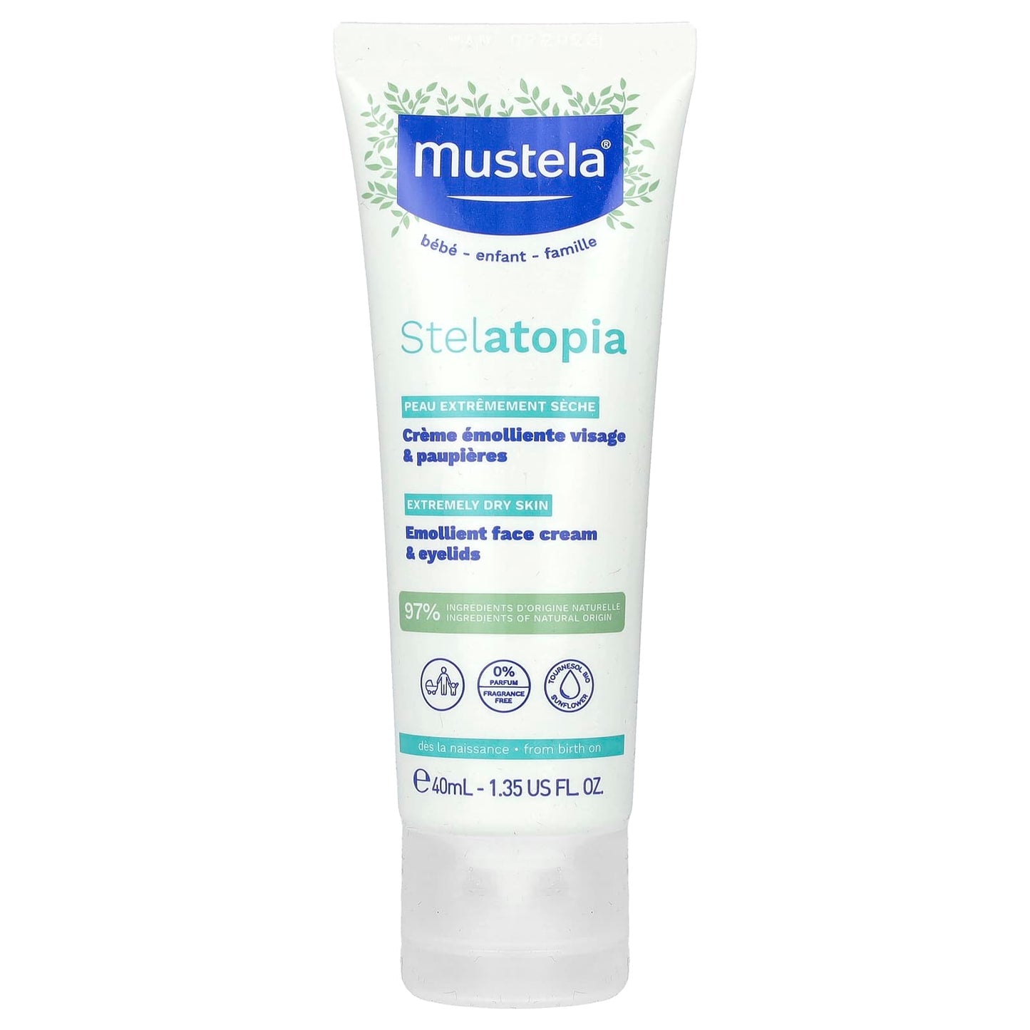 Mustela, Stelatopia Emollient Face Cream & Eyelids, Fragrance Free, 1.35 fl oz (40 ml) - Image 1