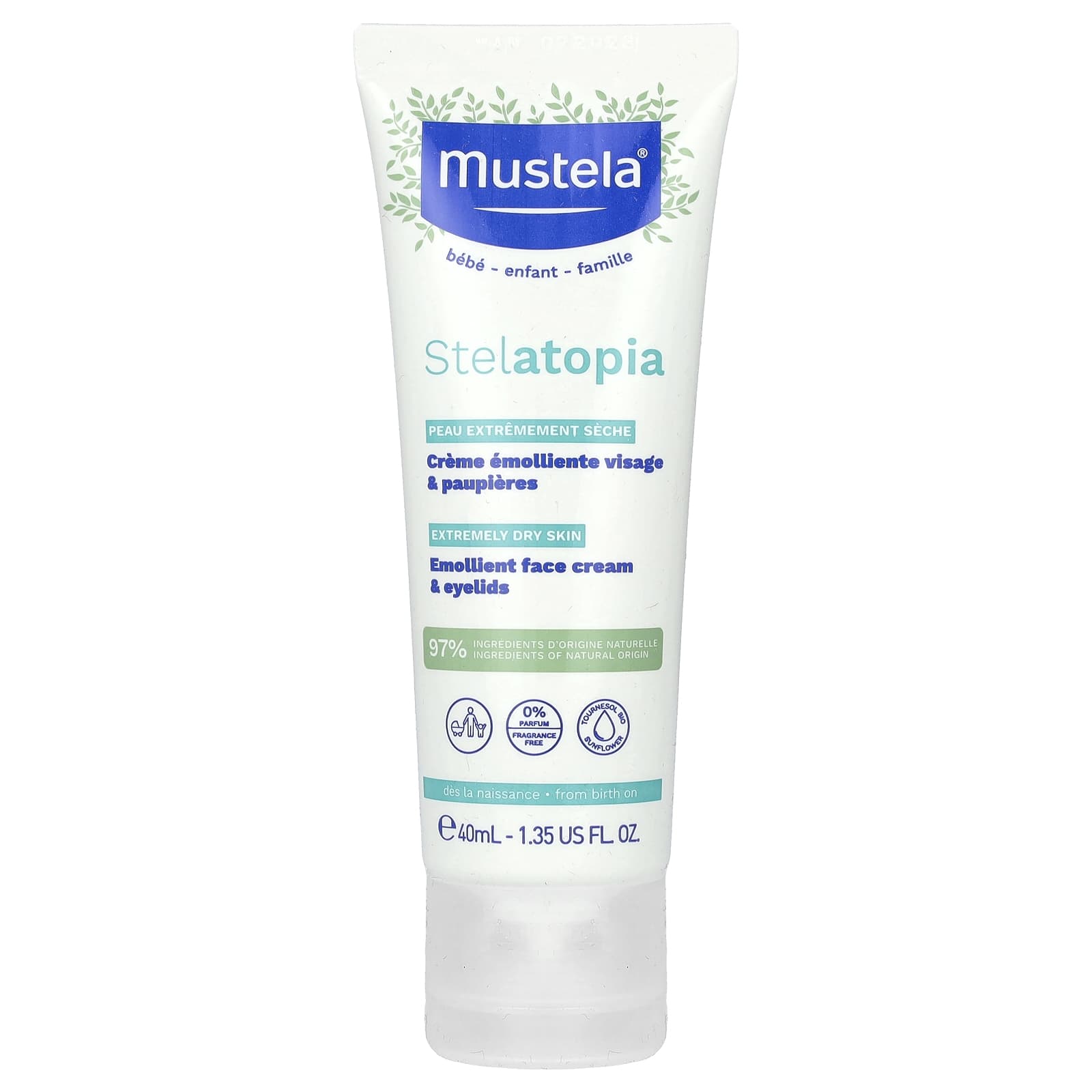 Mustela, Stelatopia Emollient Face Cream & Eyelids, Fragrance Free, 1.35 fl oz (40 ml) - Image 1
