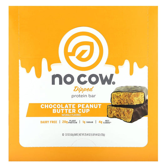 No Cow, Dipped Protein Bar, Chocolate Peanut Butter Cup, 12 Bars, 2.12 oz (60 g) Each - Image 1