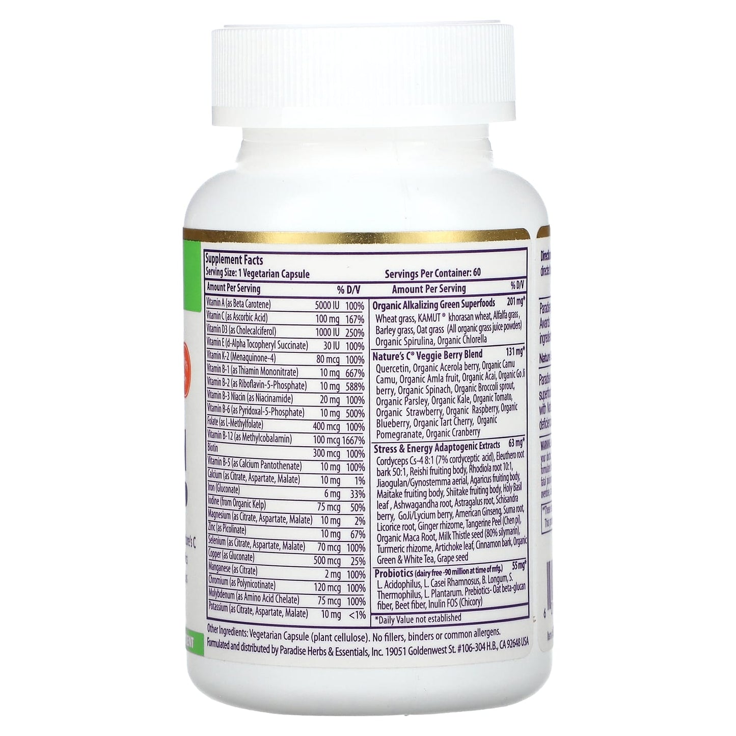 Paradise Herbs, Earth's Blend, One Daily Superfood Multi-Vitamin with Iron, 60 Vegetarian Capsules - Image 2