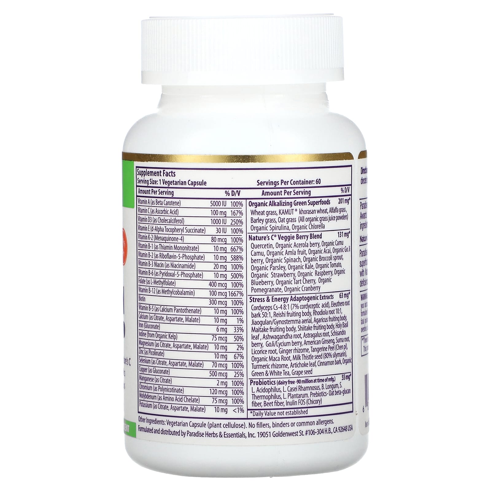 Paradise Herbs, Earth's Blend, One Daily Superfood Multi-Vitamin with Iron, 60 Vegetarian Capsules - Image 2
