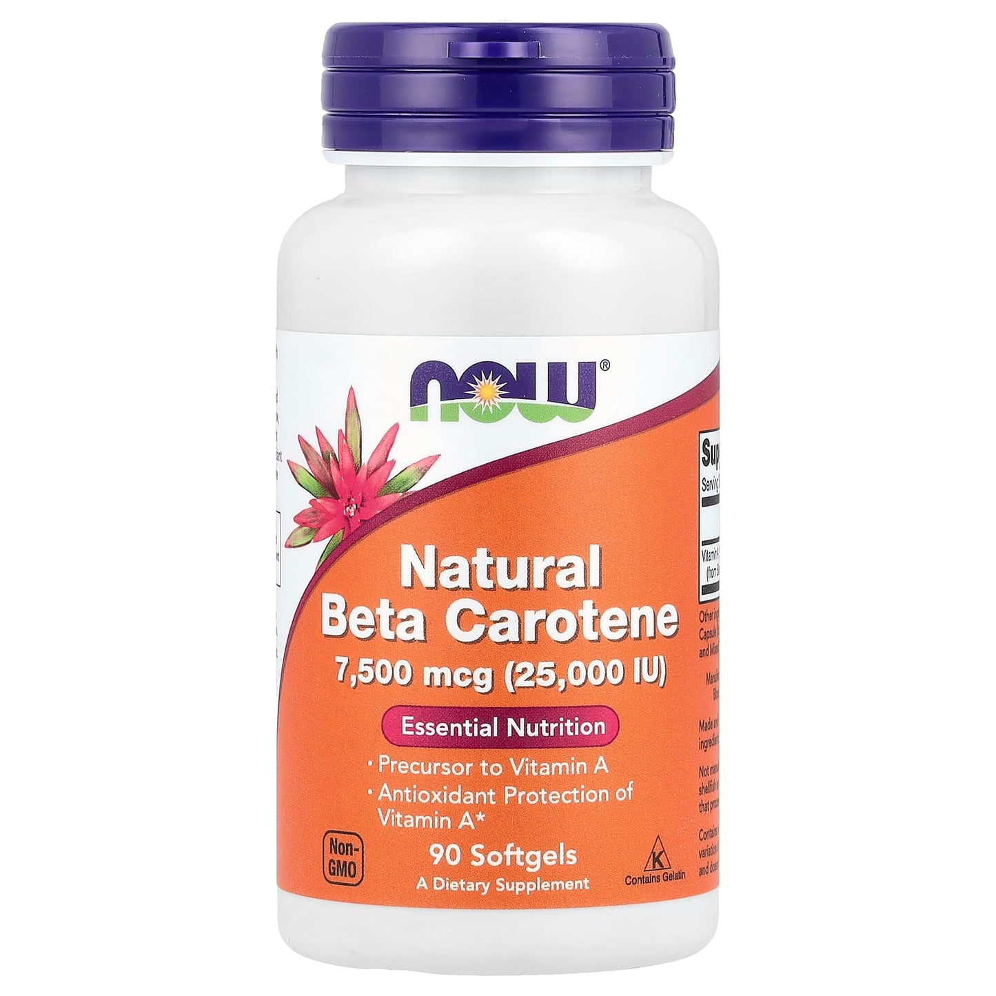 NOW Foods, Natural Beta Carotene, 7,500 mcg (25,000 IU), 90 Softgels - Image 1