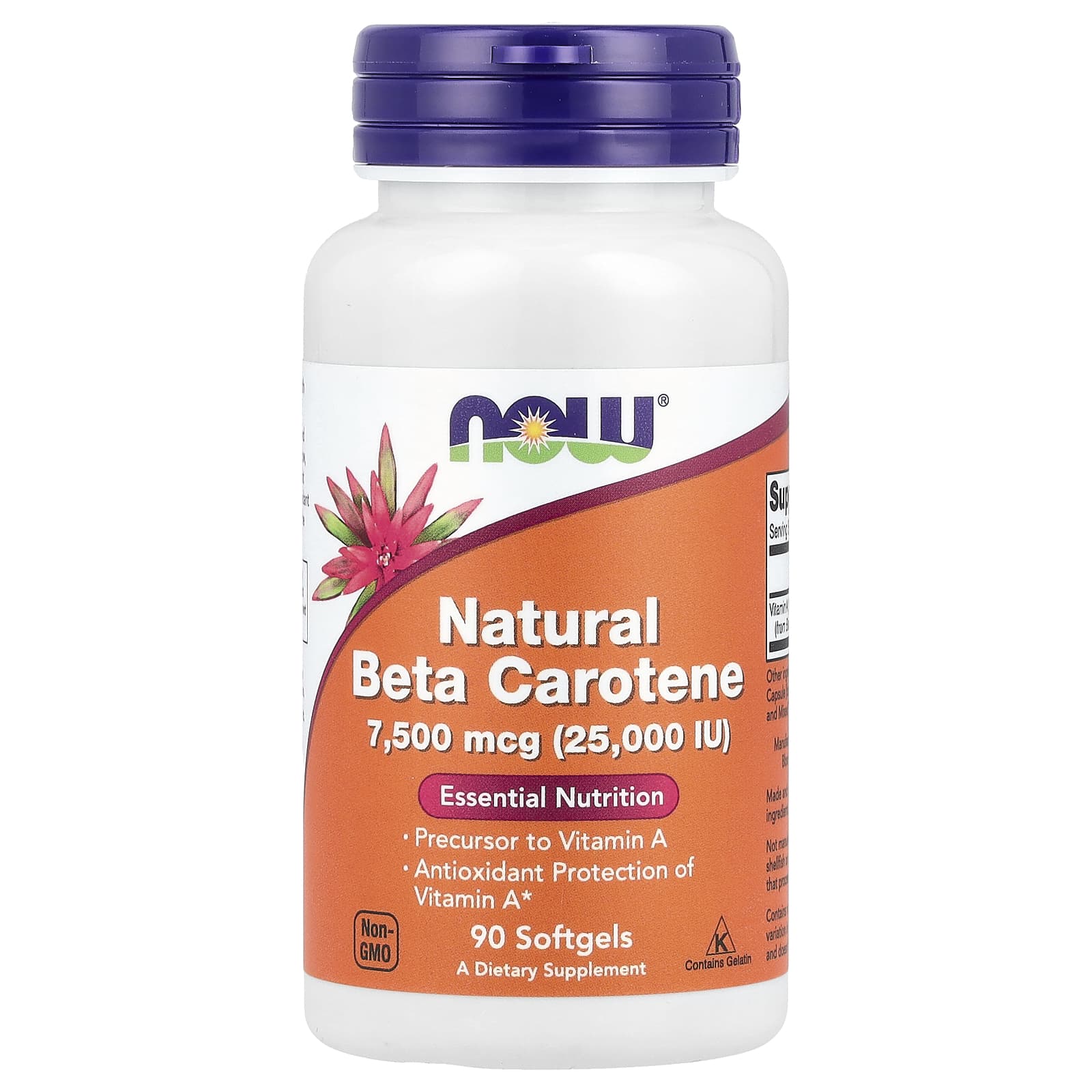 NOW Foods, Natural Beta Carotene, 7,500 mcg (25,000 IU), 90 Softgels - Image 1