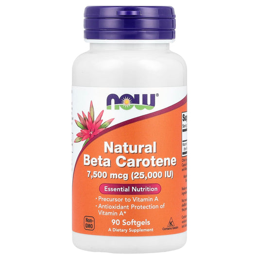 NOW Foods, Natural Beta Carotene, 7,500 mcg (25,000 IU), 90 Softgels - Image 1