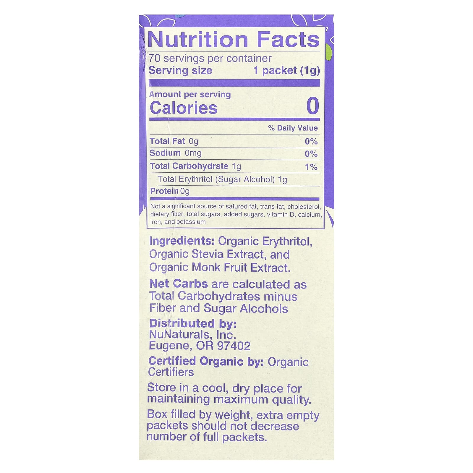 NuNaturals, Organic Sweetener, Stevia & Monk Fruit, 70 Packets, 2.47 oz (70 g) - Image 2