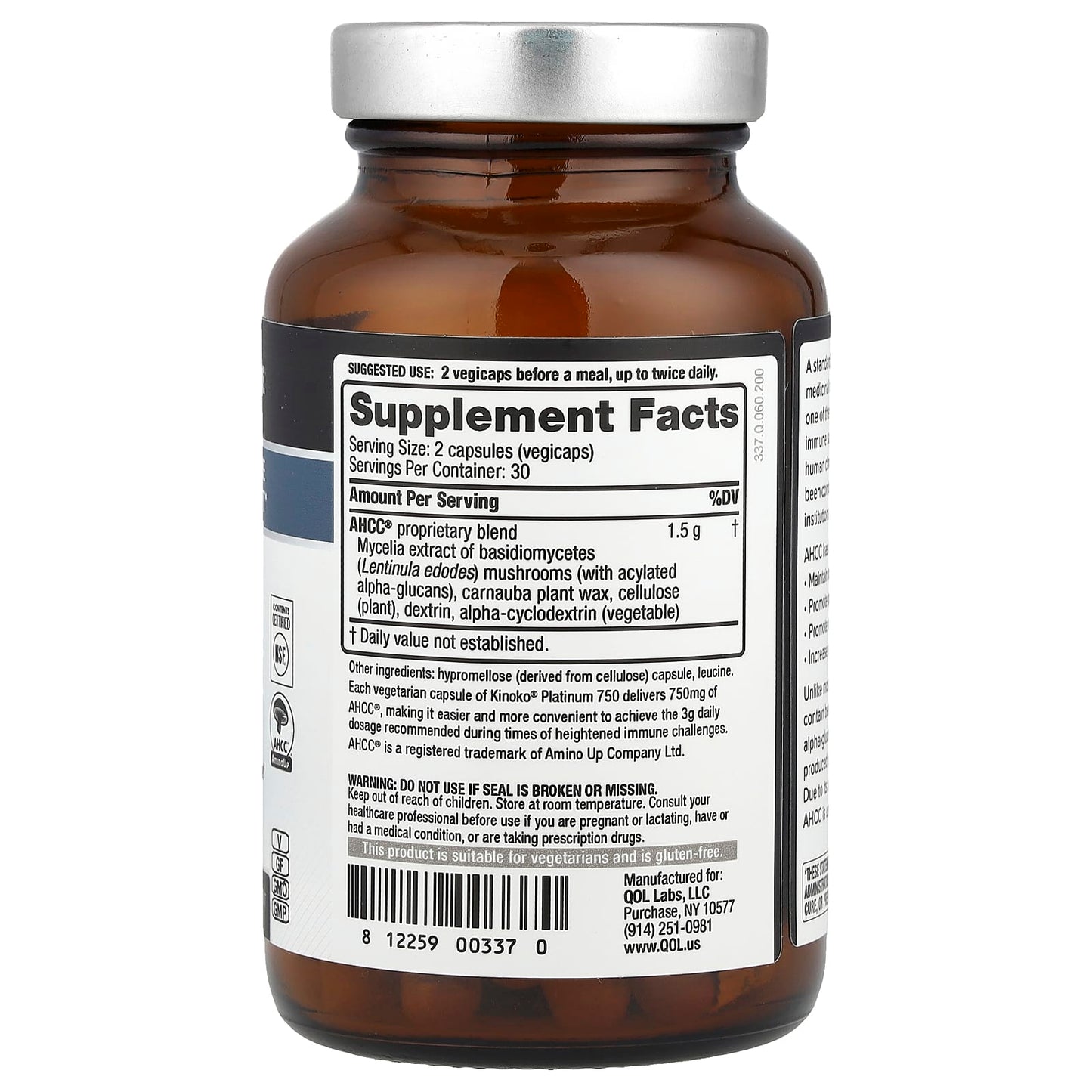 Quality of Life, Kinoko® Platinum AHCC® with Acylated Alpha-Glucans, 60 Vegicaps - Image 2