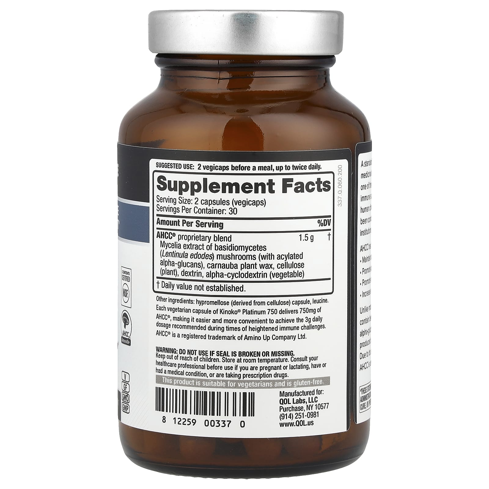 Quality of Life, Kinoko® Platinum AHCC® with Acylated Alpha-Glucans, 60 Vegicaps - Image 2