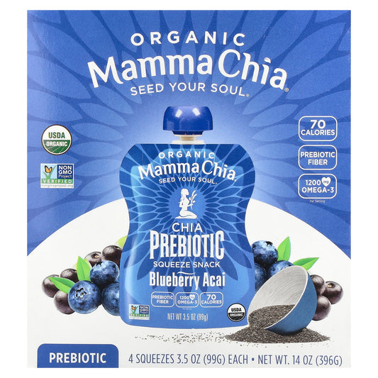 Mamma Chia, Organic Chia Prebiotic Squeeze Snack, Blueberry Acai, 4 Squeezes, 3.5 oz (99 g) Each - Image 1