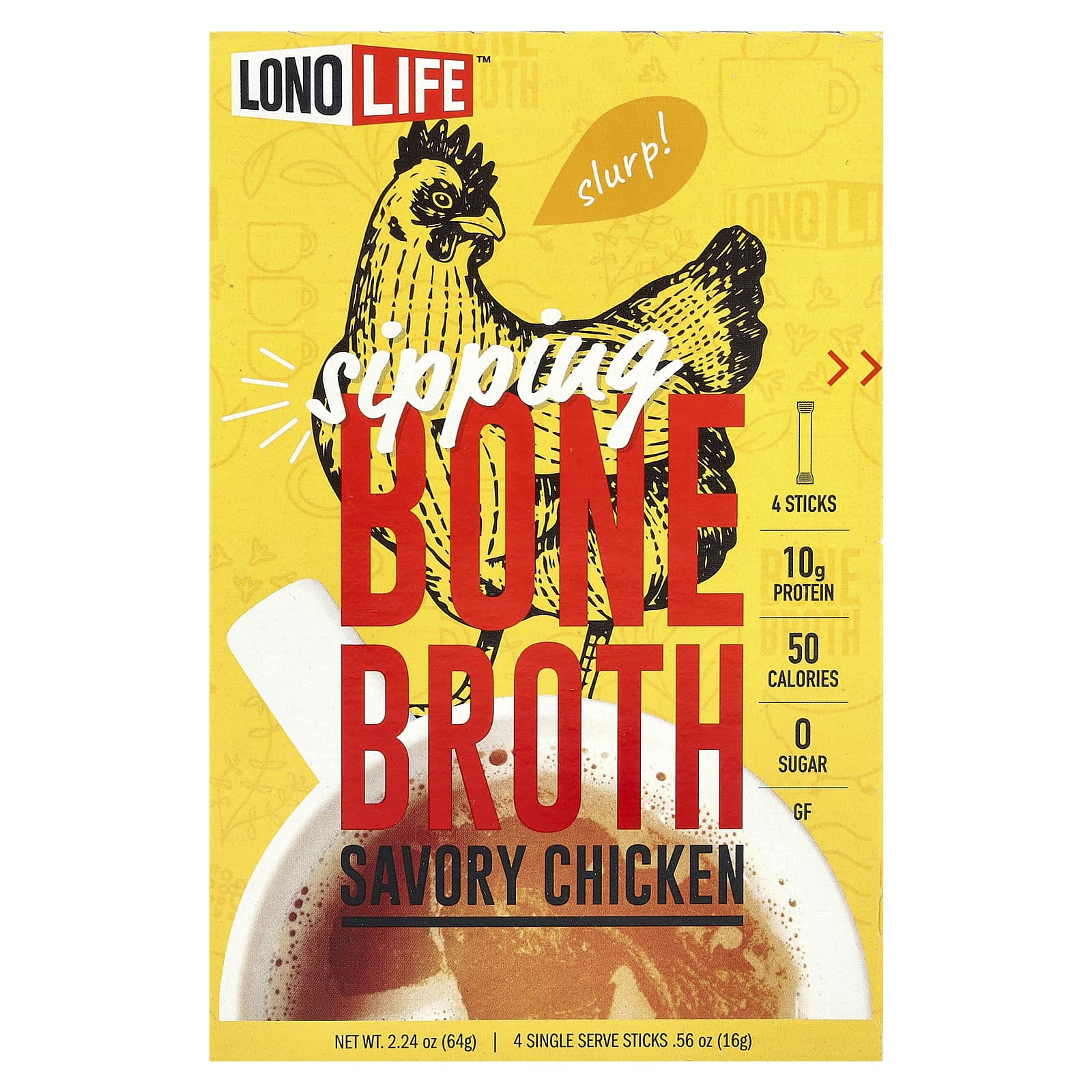 Lonolife, Sipping Bone Broth, Savory Chicken, 4 Single Serve Sticks, 0.56 oz (16 g) Each - Image 1