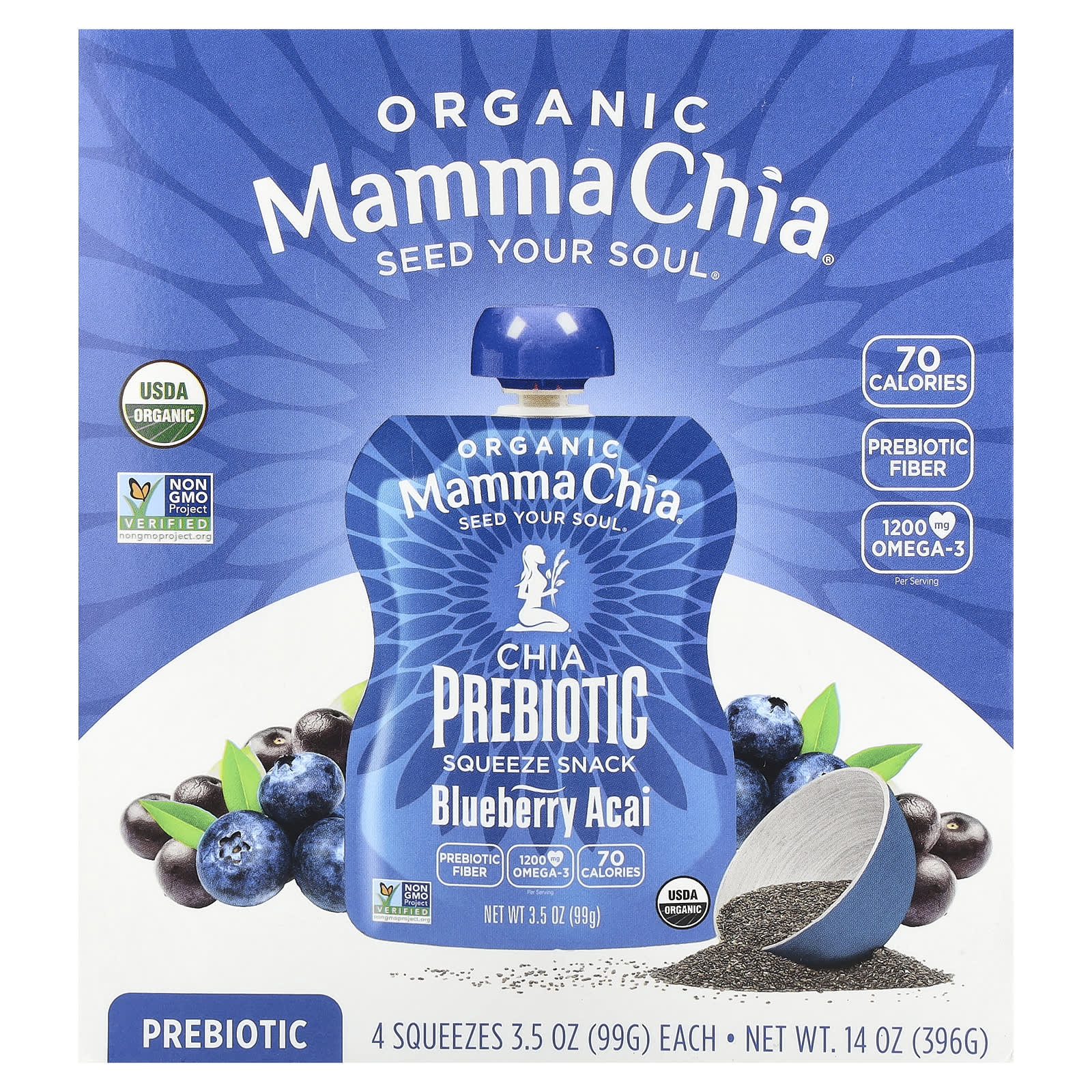 Mamma Chia, Organic Chia Prebiotic Squeeze Snack, Blueberry Acai, 4 Squeezes, 3.5 oz (99 g) Each - Image 1