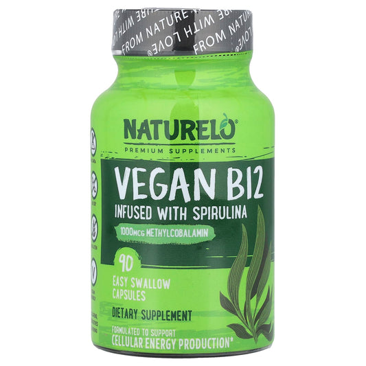 NATURELO, Vegan B12 Infused with Spirulina, 90 Easy Swallow Capsules - Image 1