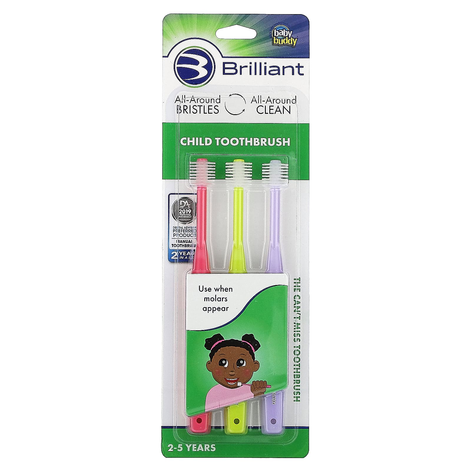 Baby Buddy Brilliant Child Toothbrush for Kids 2-5 Years (3-Pack) - Image 1