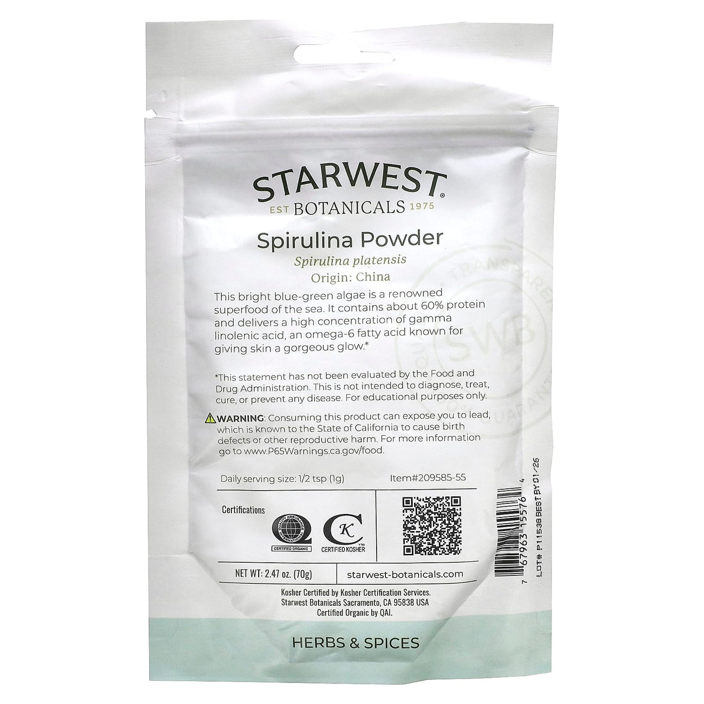 Starwest Botanicals, Organic Spirulina Powder, 2.47 oz (70 g) - Image 2