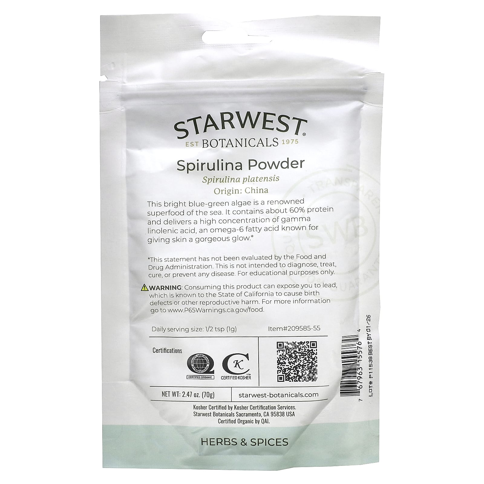 Starwest Botanicals, Organic Spirulina Powder, 2.47 oz (70 g) - Image 2