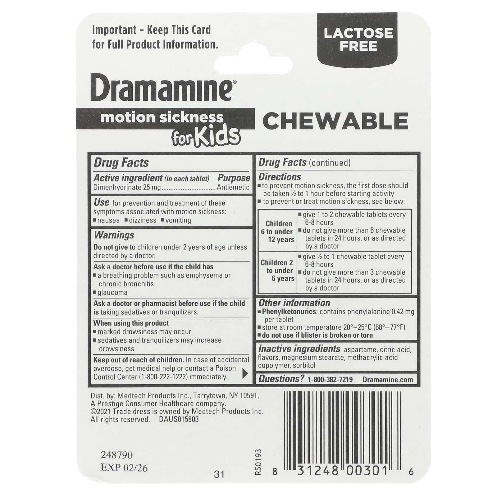 Dramamine Motion Sickness Relief for Kids (2-12 Years) - Grape Flavor, 25mg, 8 Tablets - Image 2