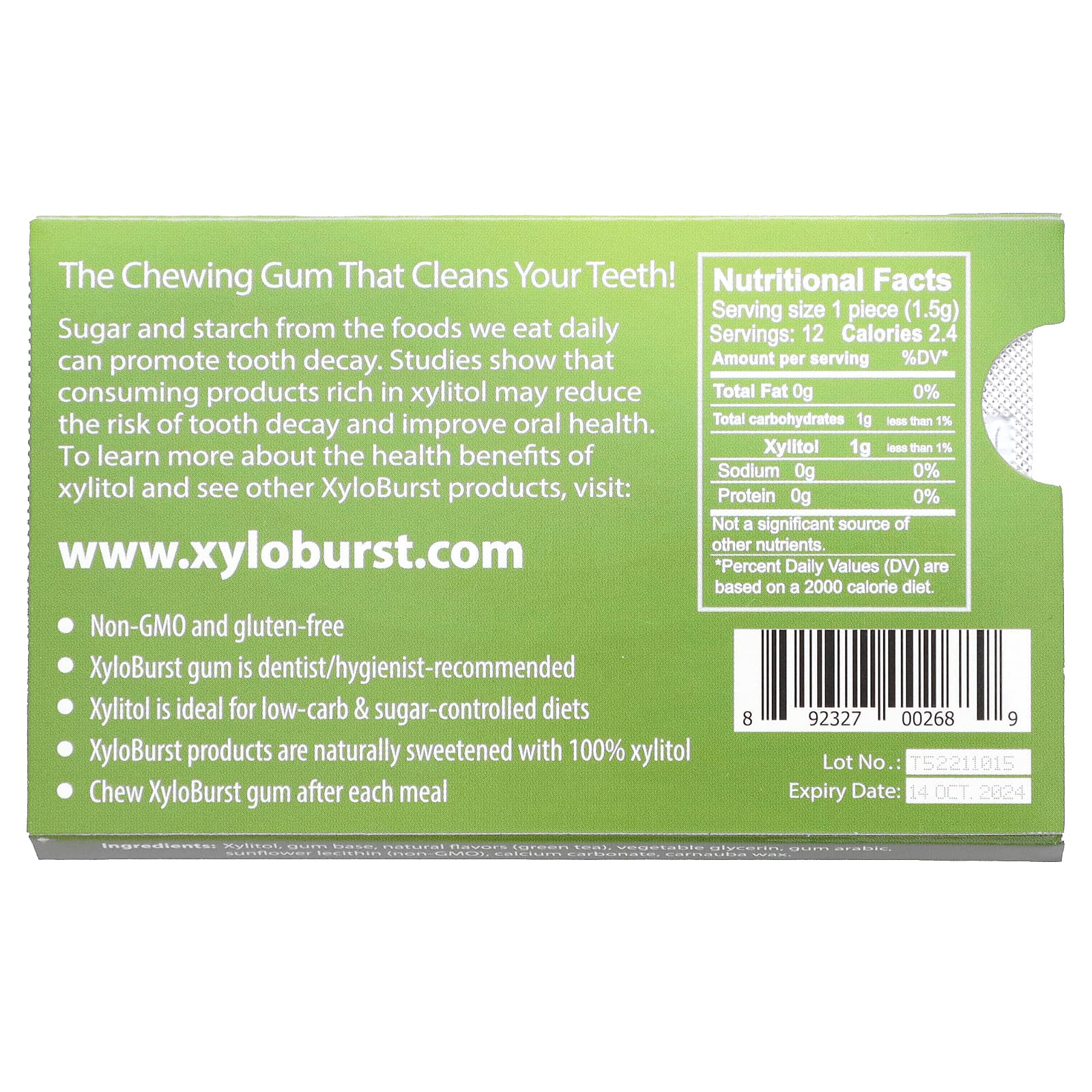 Xyloburst, Xylitol Gum, Green Tea, 12 Pieces - Image 2