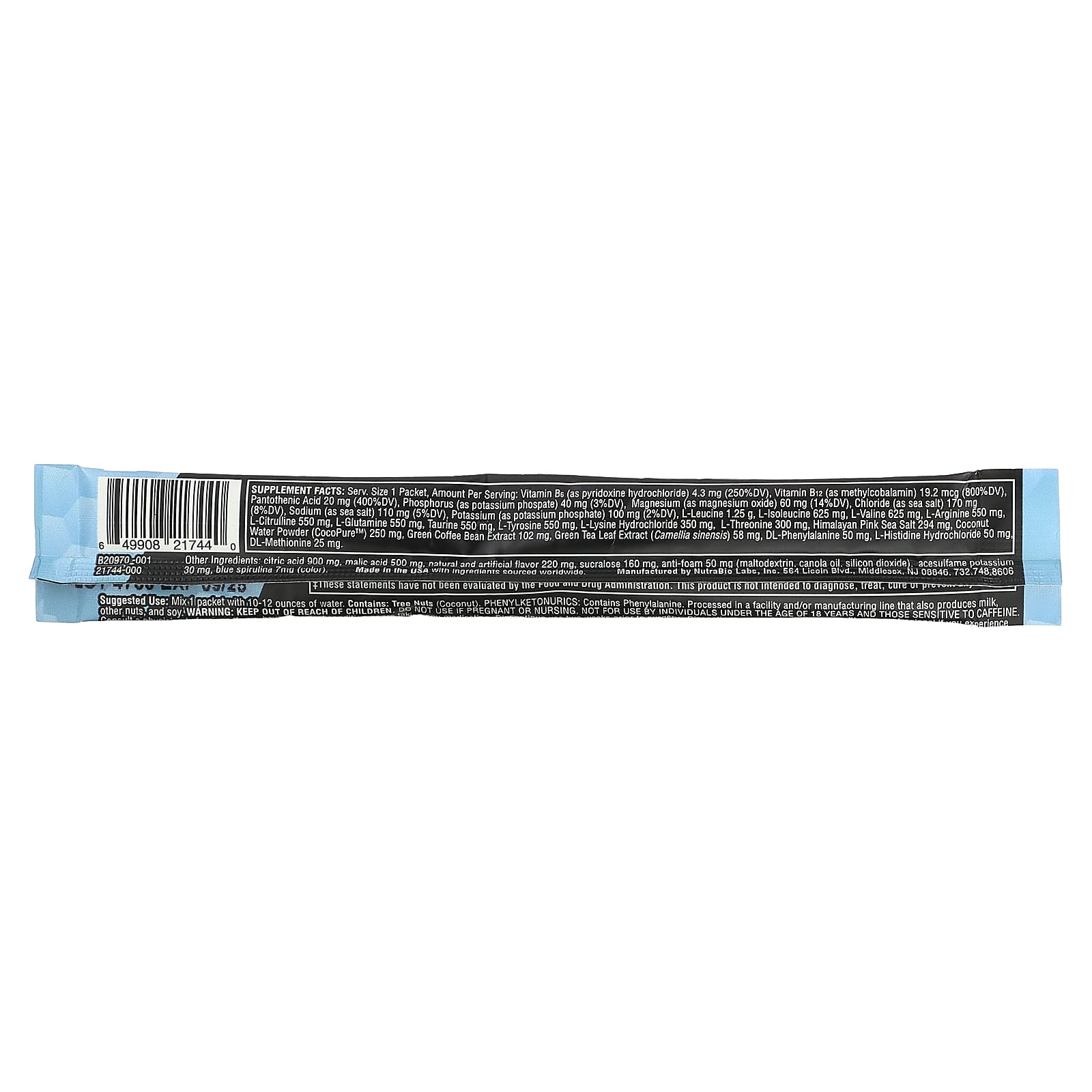 NutraBio, Amino Kick, Blue Raspberry, 1 Stick Pack, 0.32 oz (9 g) - Image 2