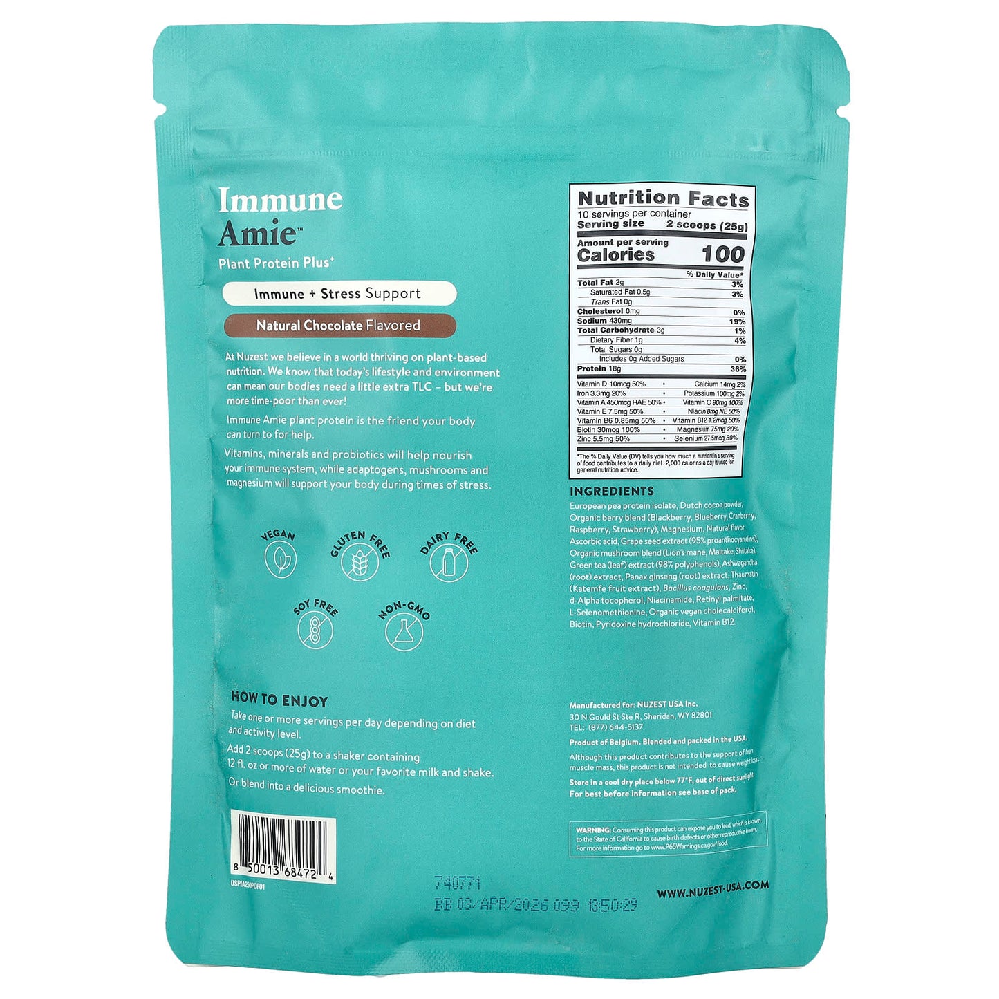 Nuzest, Immune Amie™, Plant Protein Plus+, Natural Chocolate, 8.8 oz (250 g) - Image 2
