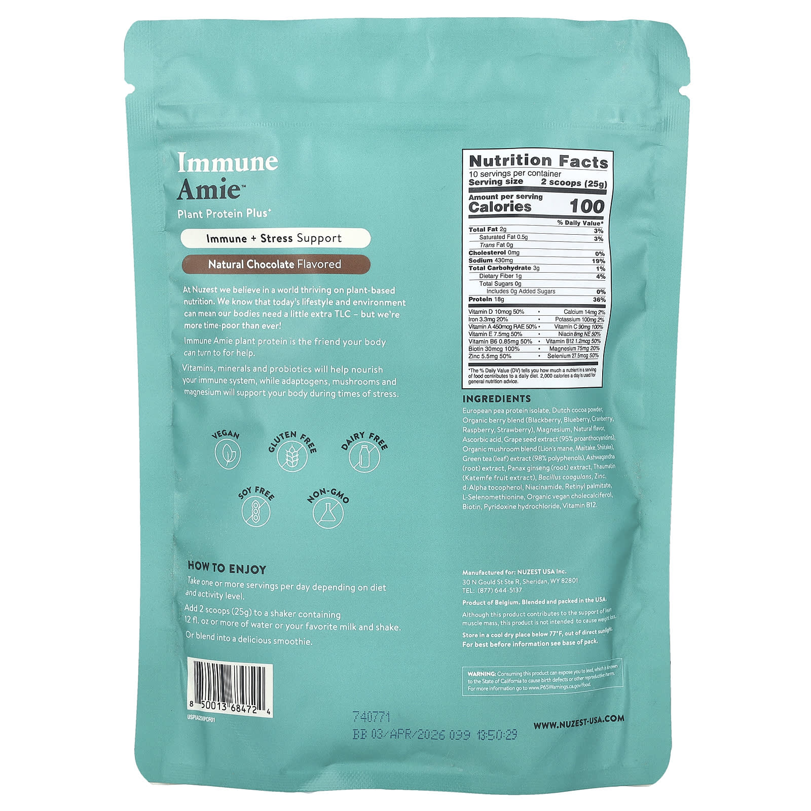 Nuzest, Immune Amie™, Plant Protein Plus+, Natural Chocolate, 8.8 oz (250 g) - Image 2