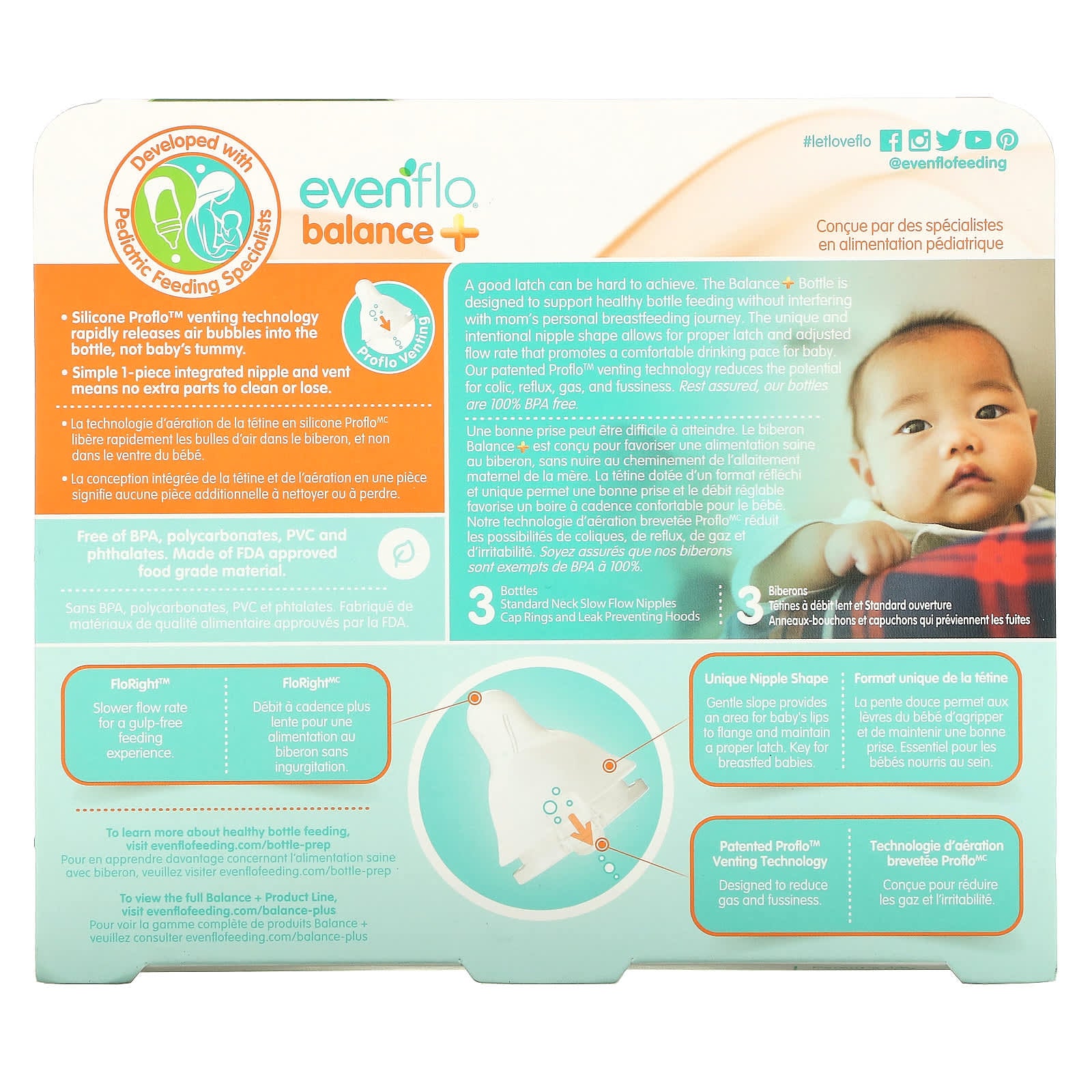 Evenflo Balance+ Bottles - 3 Pack, 0+ Months, BPA-Free, Slow Flow - Image 2
