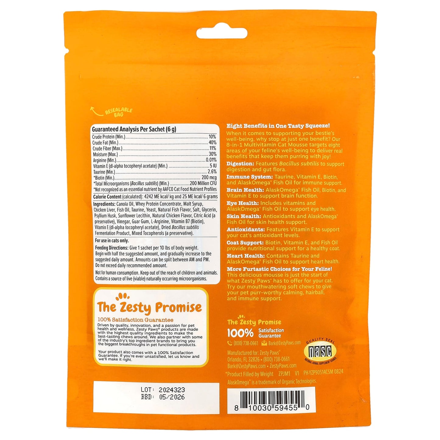 Zesty Paws, 8-in-1 Multivitamin Cat Mousse, All Ages, Chicken, 14 Sachets, 0.2 oz (6 g) Each - Image 2