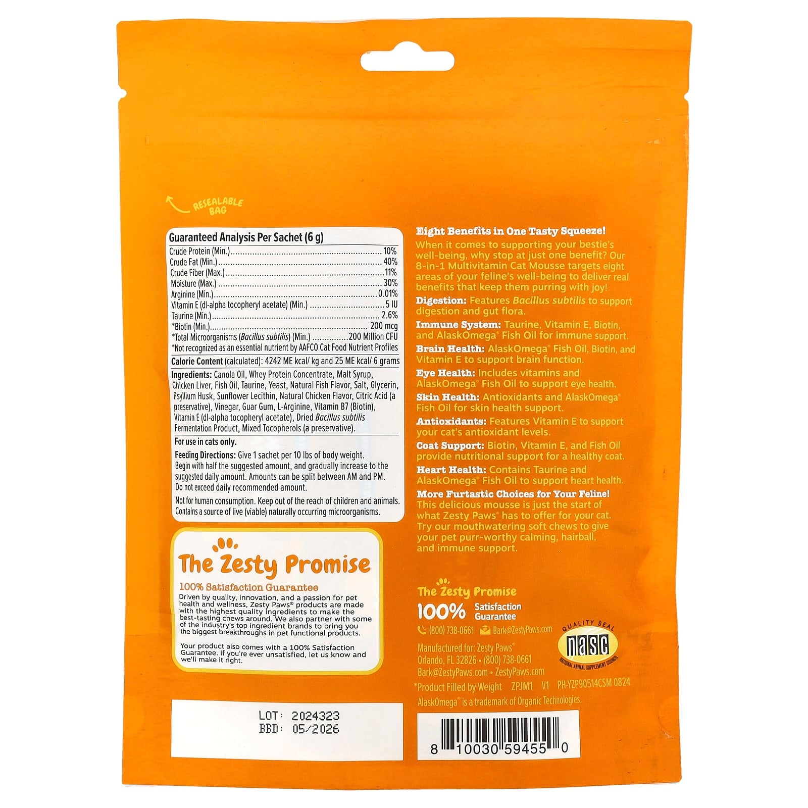 Zesty Paws, 8-in-1 Multivitamin Cat Mousse, All Ages, Chicken, 14 Sachets, 0.2 oz (6 g) Each - Image 2