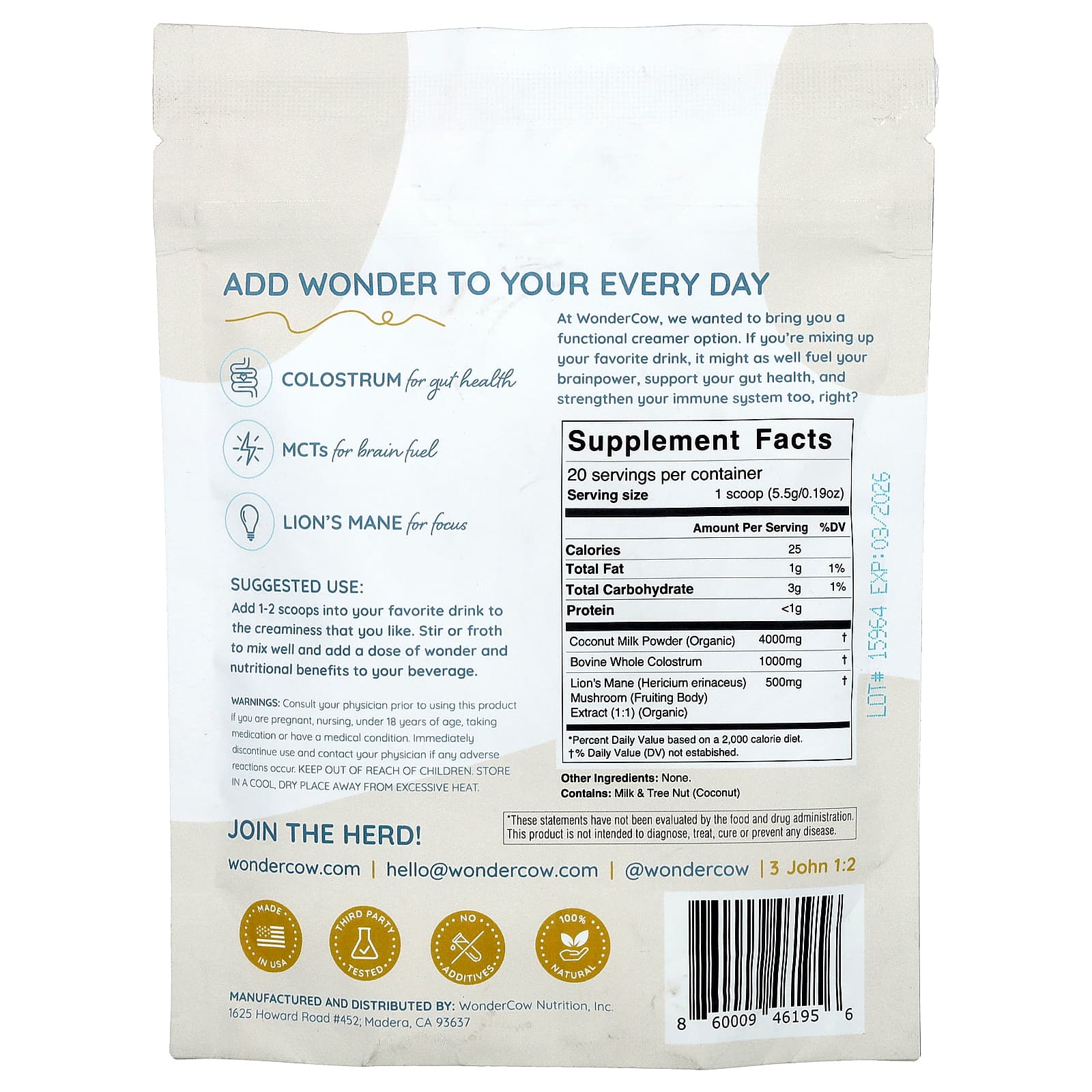 Wondercow, WonderCream, Colostrum Creamer, Unsweetened, 3.88 oz (110 g) - Image 2