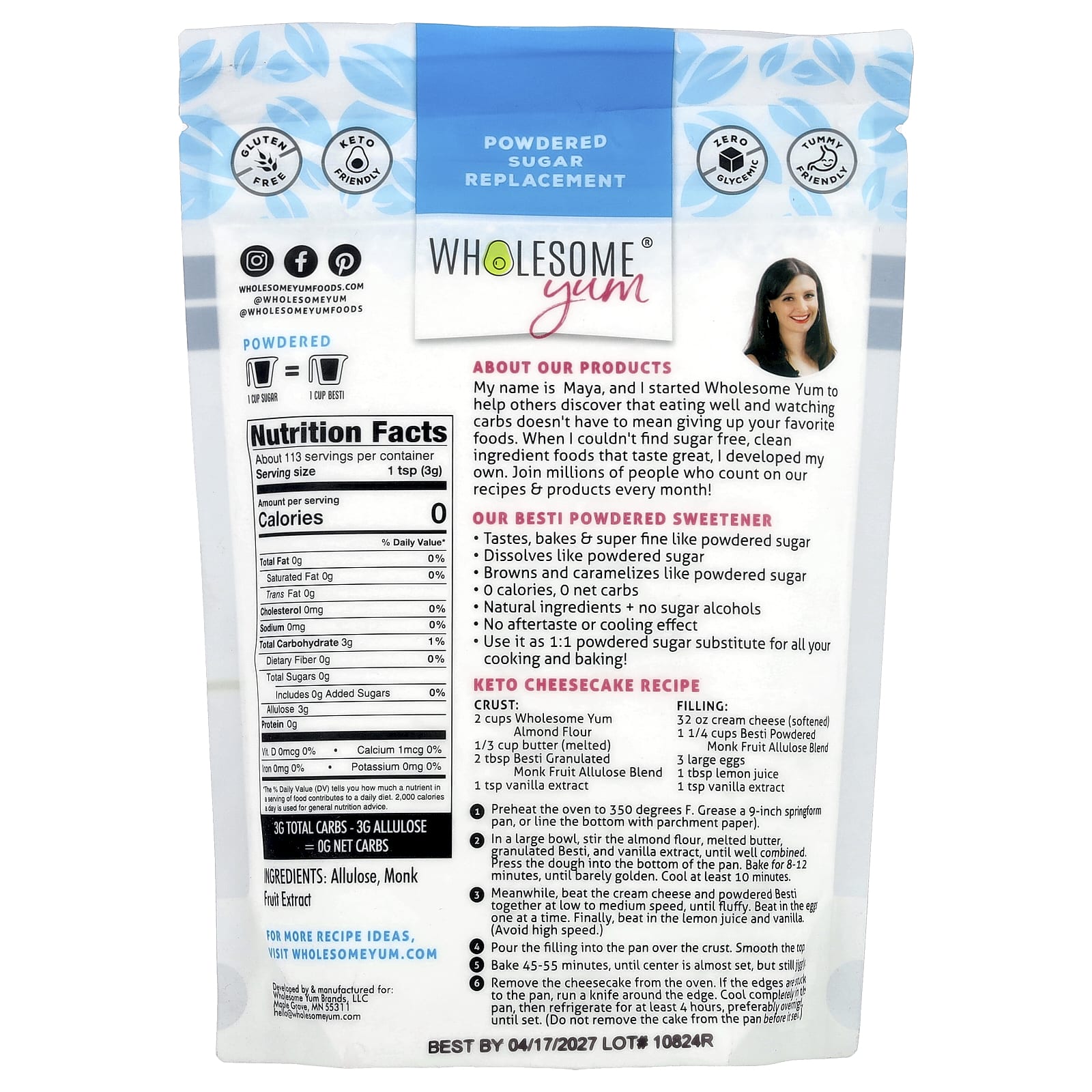 Wholesome Yum, Besti, Powdered Sugar Replacement, Monk Fruit Allulose Blend, 12 oz (340 g) - Image 2