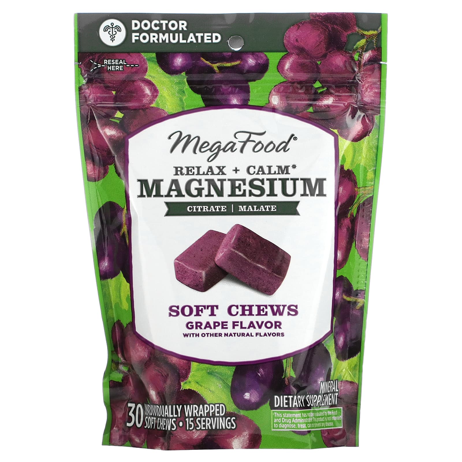 MegaFood, Relax + Calm Magnesium Soft Chews, Grape, 30 Individually Wrapped Soft Chews (125 mg per Chew) - Image 1