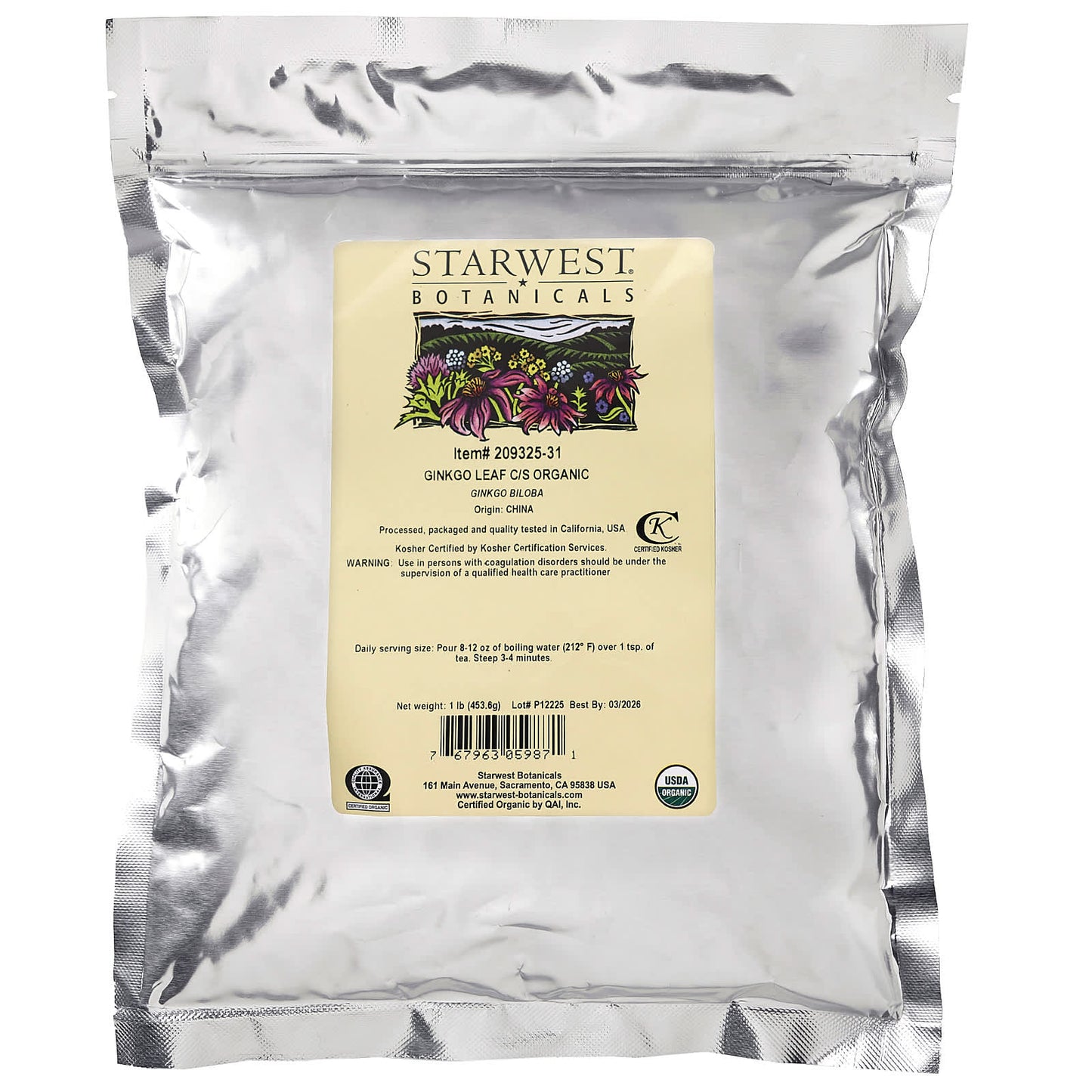 Starwest Botanicals, Organic Ginkgo Leaf C/S, 1 lb (453.6 g) - Image 2