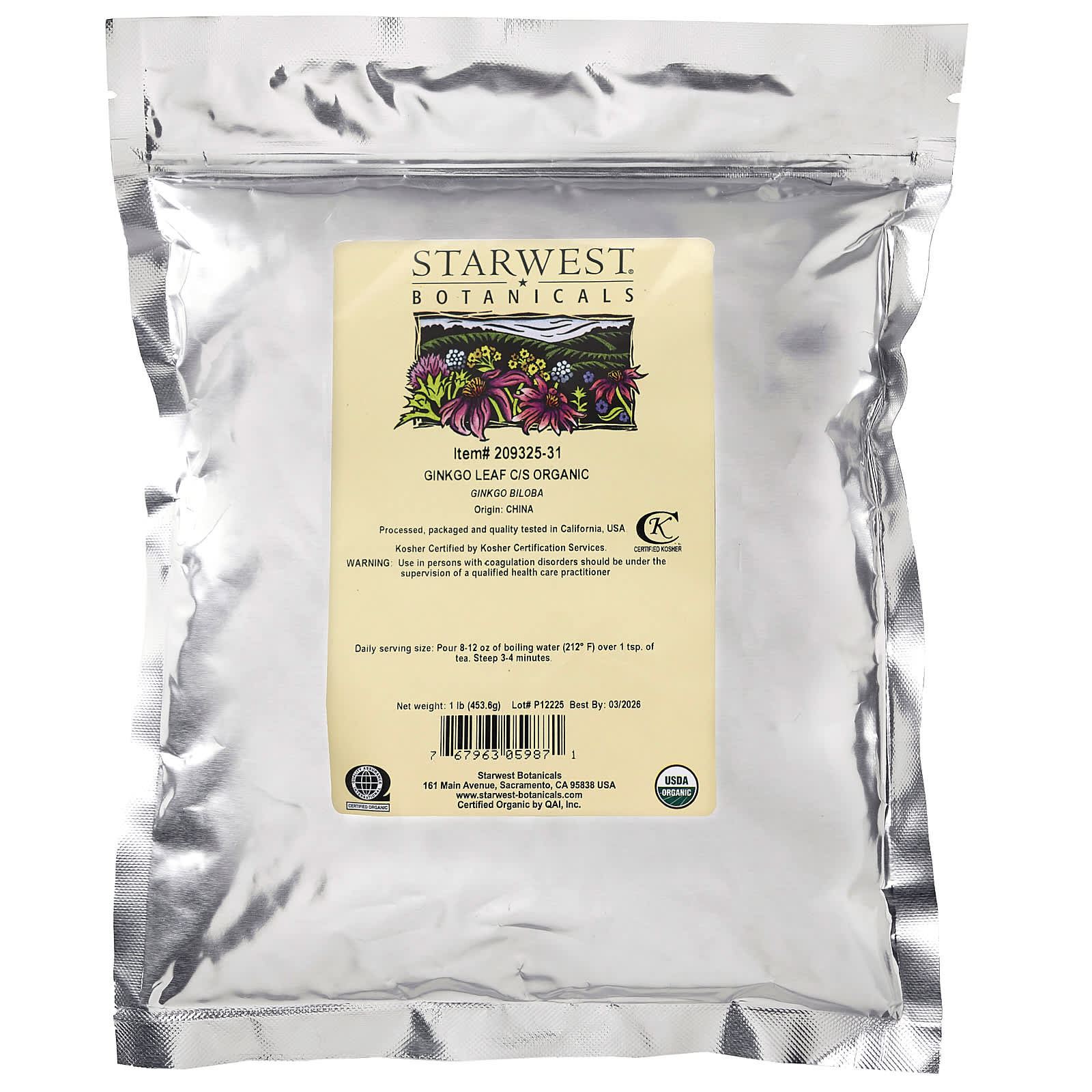Starwest Botanicals, Organic Ginkgo Leaf C/S, 1 lb (453.6 g) - Image 2