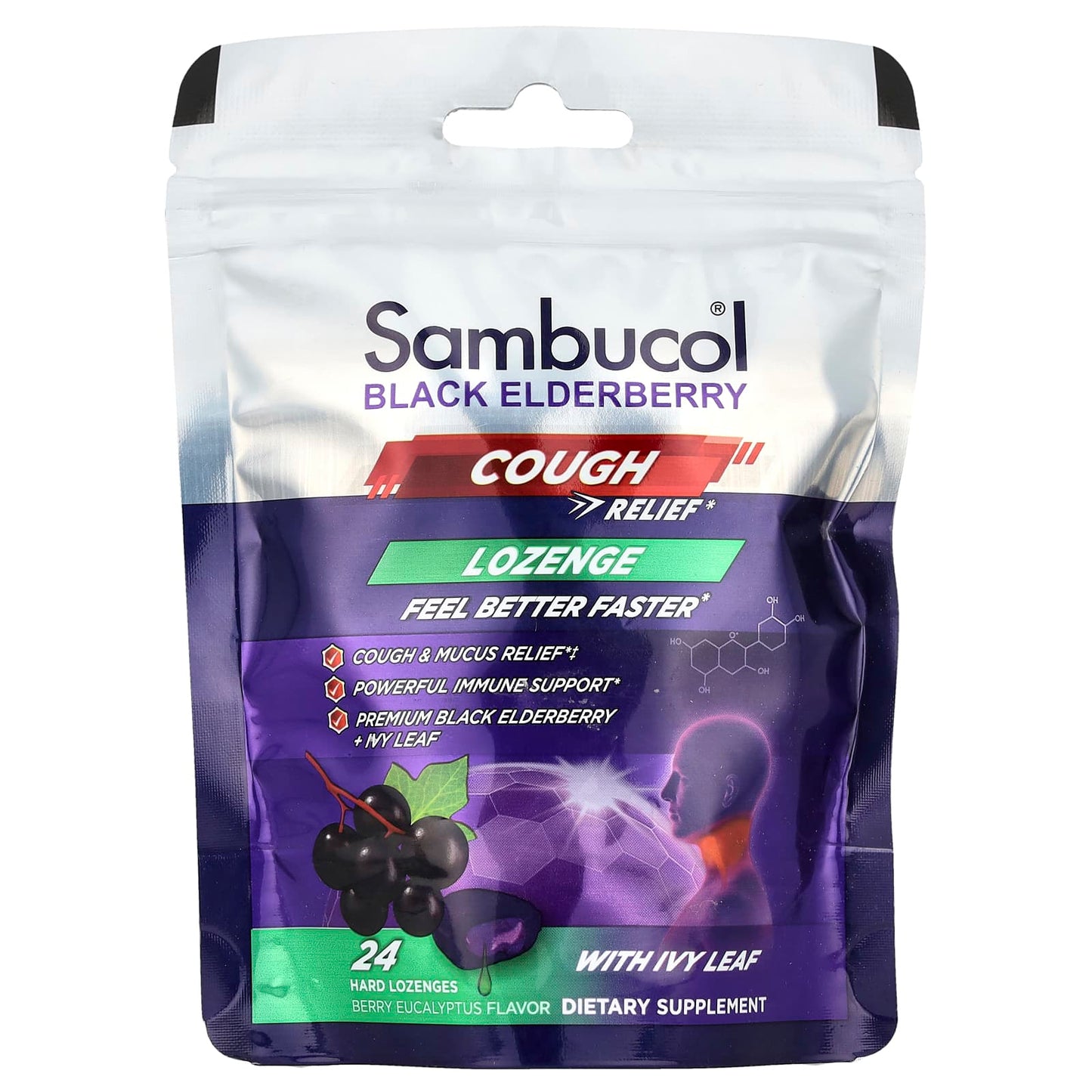 Sambucol, Black Elderberry, Cough Relief Lozenge With Ivy Leaf, Berry Eucalyptus, 24 Hard Lozenges - Image 1