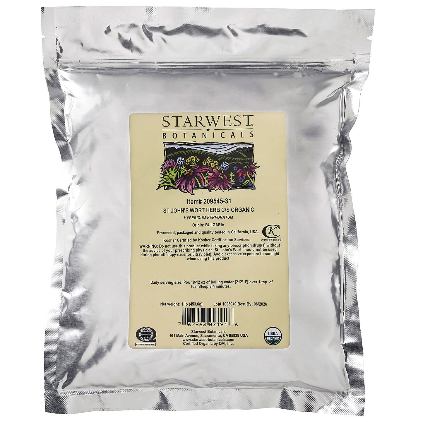 Starwest Botanicals, Organic St. John's Wort Herb, Cut & Shifted, 1 lb (453.6 g) - Image 2