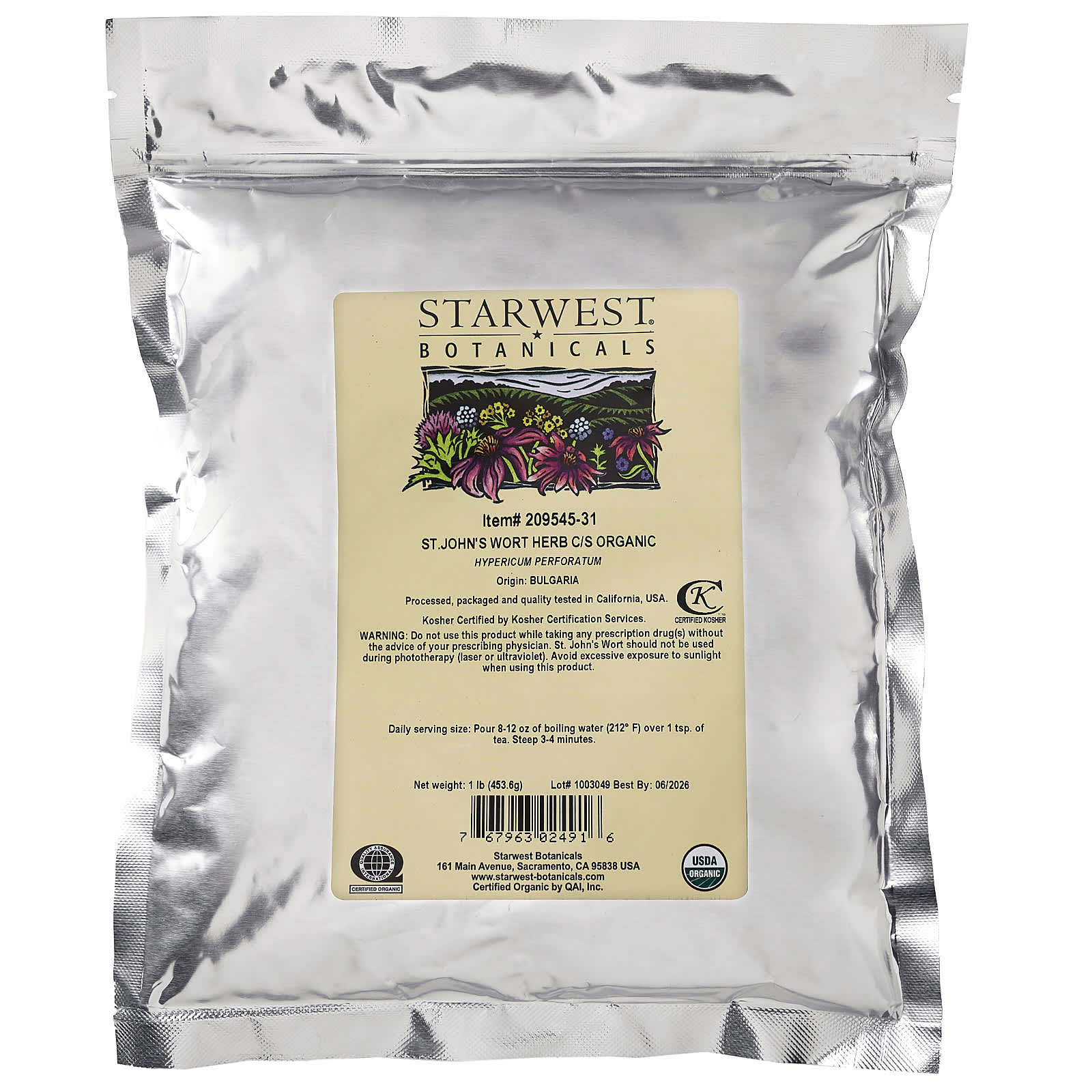 Starwest Botanicals, Organic St. John's Wort Herb, Cut & Shifted, 1 lb (453.6 g) - Image 2