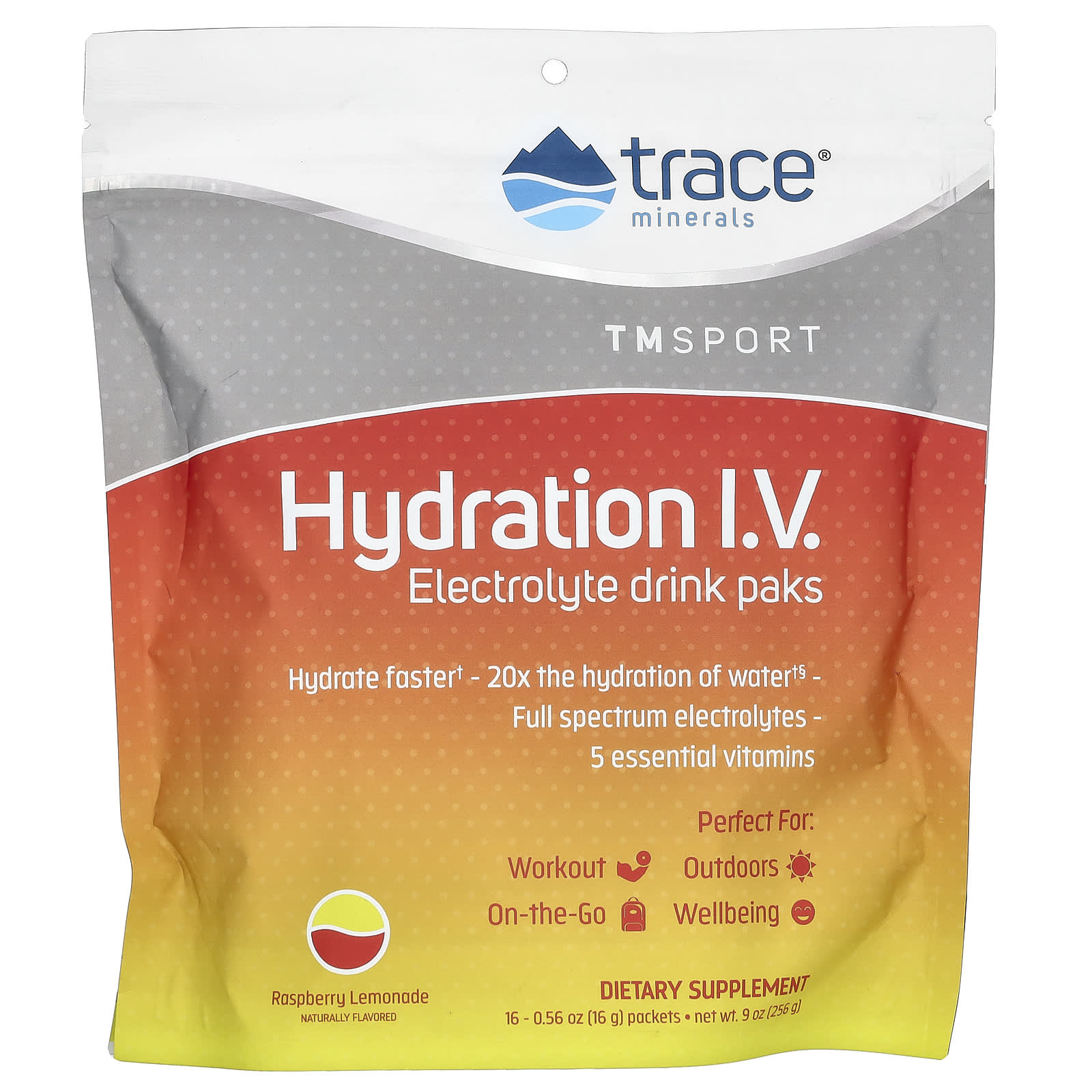 Trace, TMSport, Hydration I.V., Electrolyte Drink Paks, Raspberry Lemonade, 16 Packets, 0.56 oz (16 g) Each - Image 1