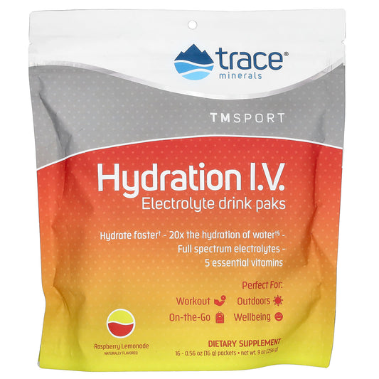 Trace, TMSport, Hydration I.V., Electrolyte Drink Paks, Raspberry Lemonade, 16 Packets, 0.56 oz (16 g) Each - Image 1