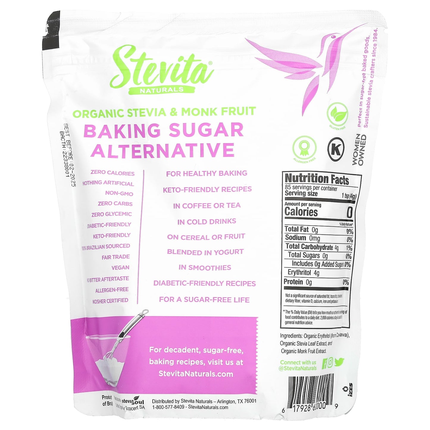 Stevita, Baking Sugar Alternative, Organic Stevia & Monk Fruit, 12 oz (341 g) - Image 2