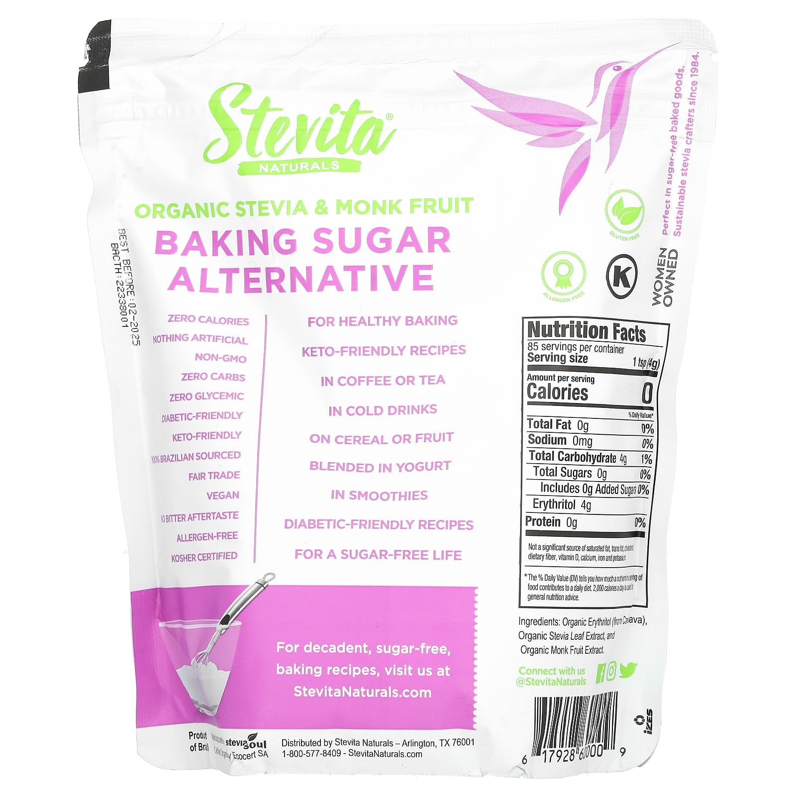 Stevita, Baking Sugar Alternative, Organic Stevia & Monk Fruit, 12 oz (341 g) - Image 2