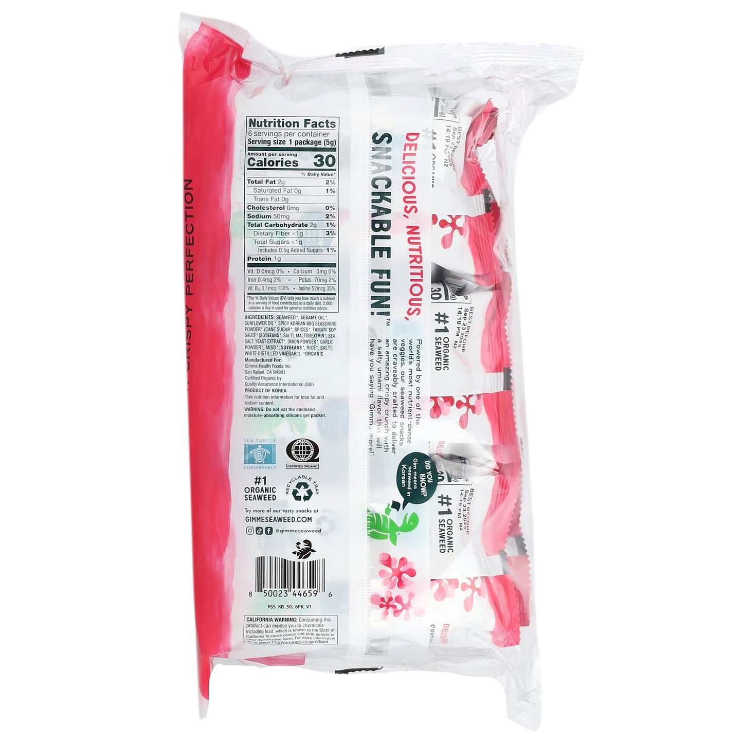 GimMe Organic Korean BBQ Seaweed Snacks, USDA Certified, 6 Packs - Image 2