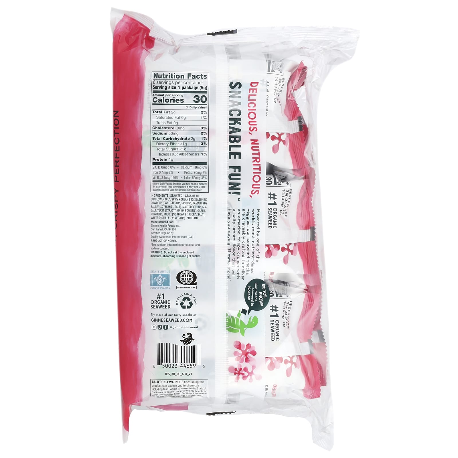 GimMe Organic Korean BBQ Seaweed Snacks, USDA Certified, 6 Packs - Image 2