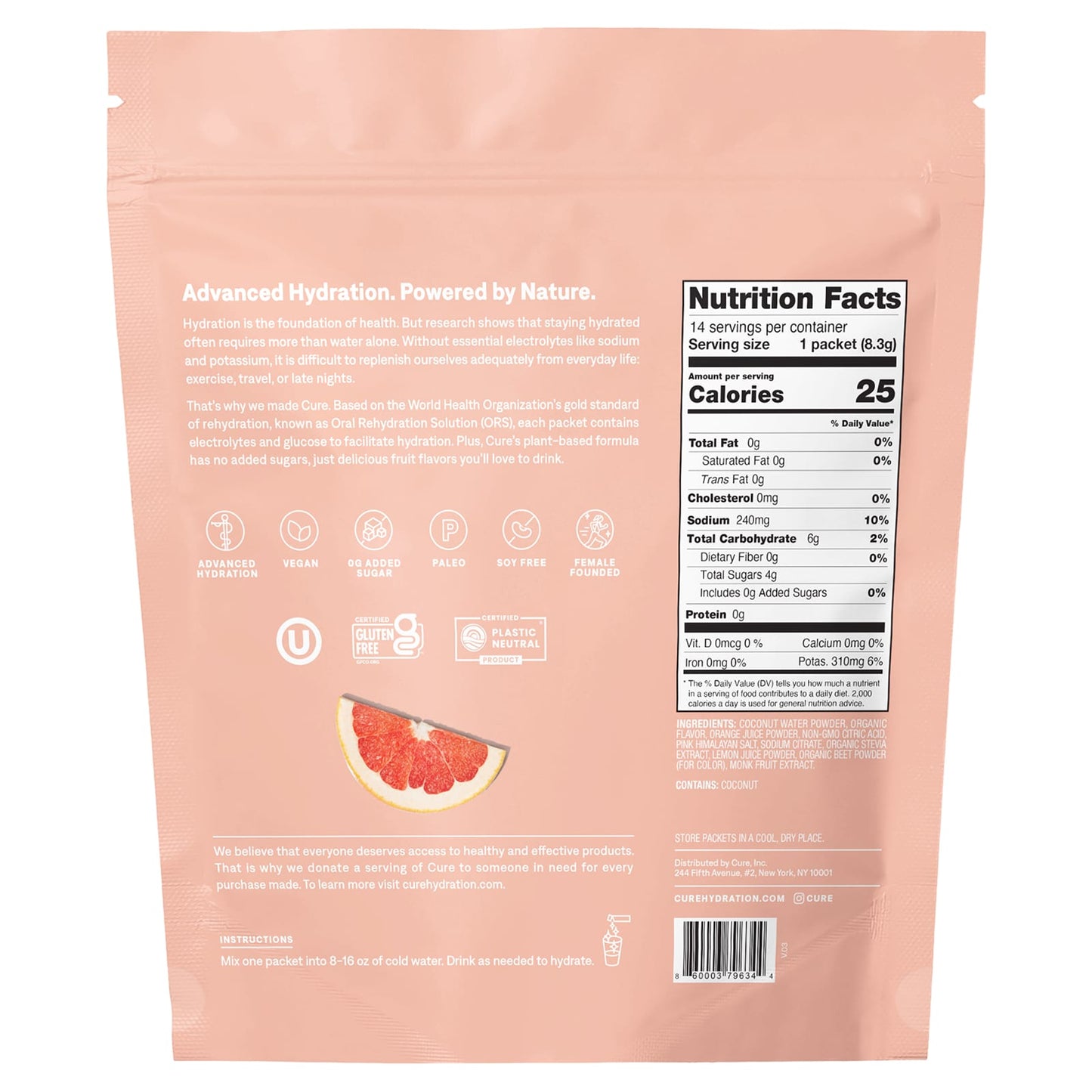 Grapefruit Hydrating Electrolyte Mix by Cure Hydration (14 Packets) - Image 2