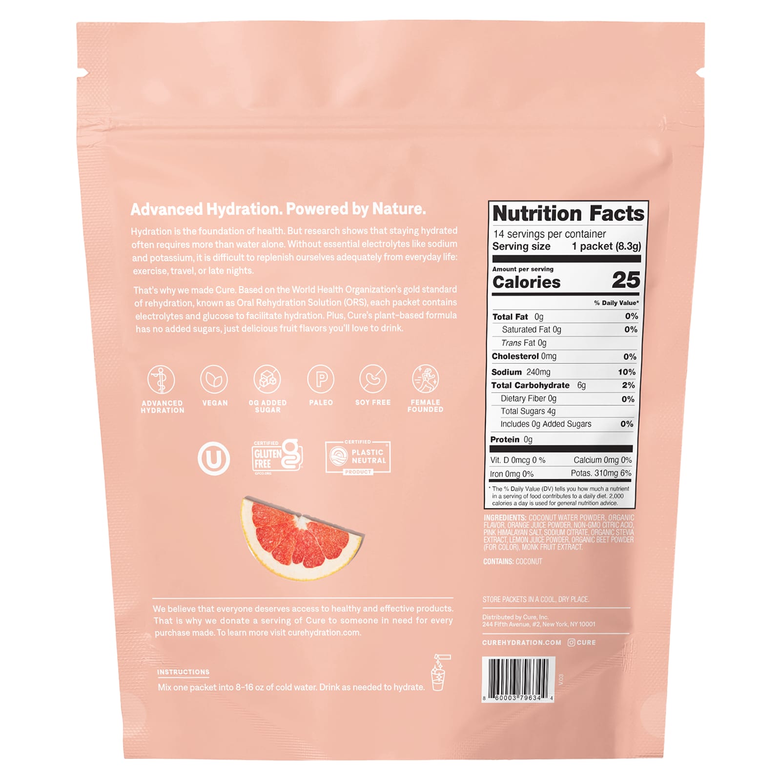 Grapefruit Hydrating Electrolyte Mix by Cure Hydration (14 Packets) - Image 2