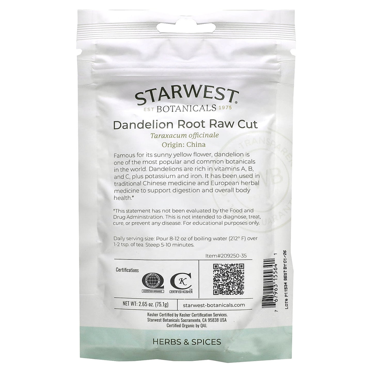 Starwest Botanicals, Organic Dandelion Root, Raw Cut, 2.65 oz (75.1 g) - Image 2