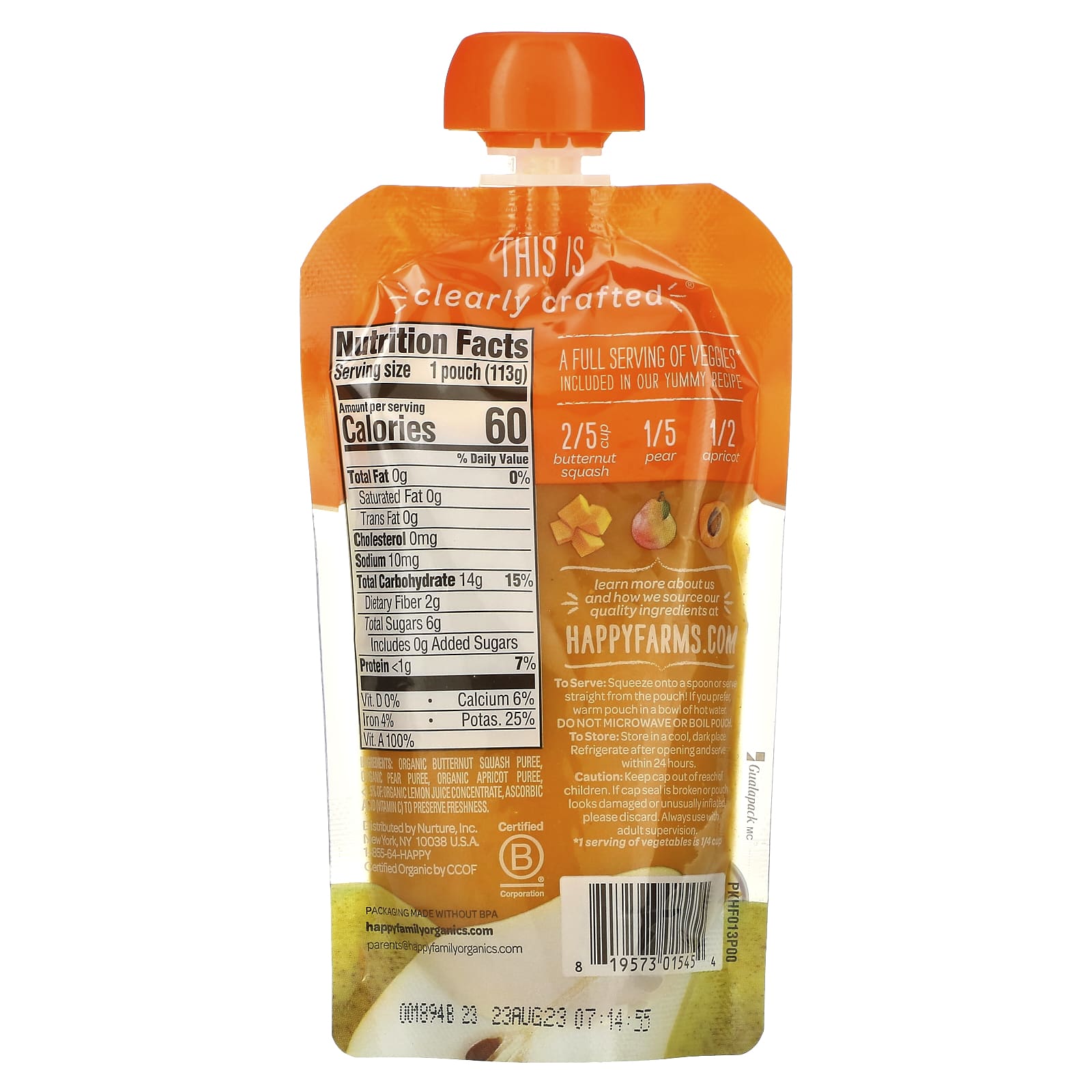 Happy Family Organics, Happy Baby, Organic Baby Food, 6 + Months, Squash, Pears & Apricots, 4 oz (113 g)