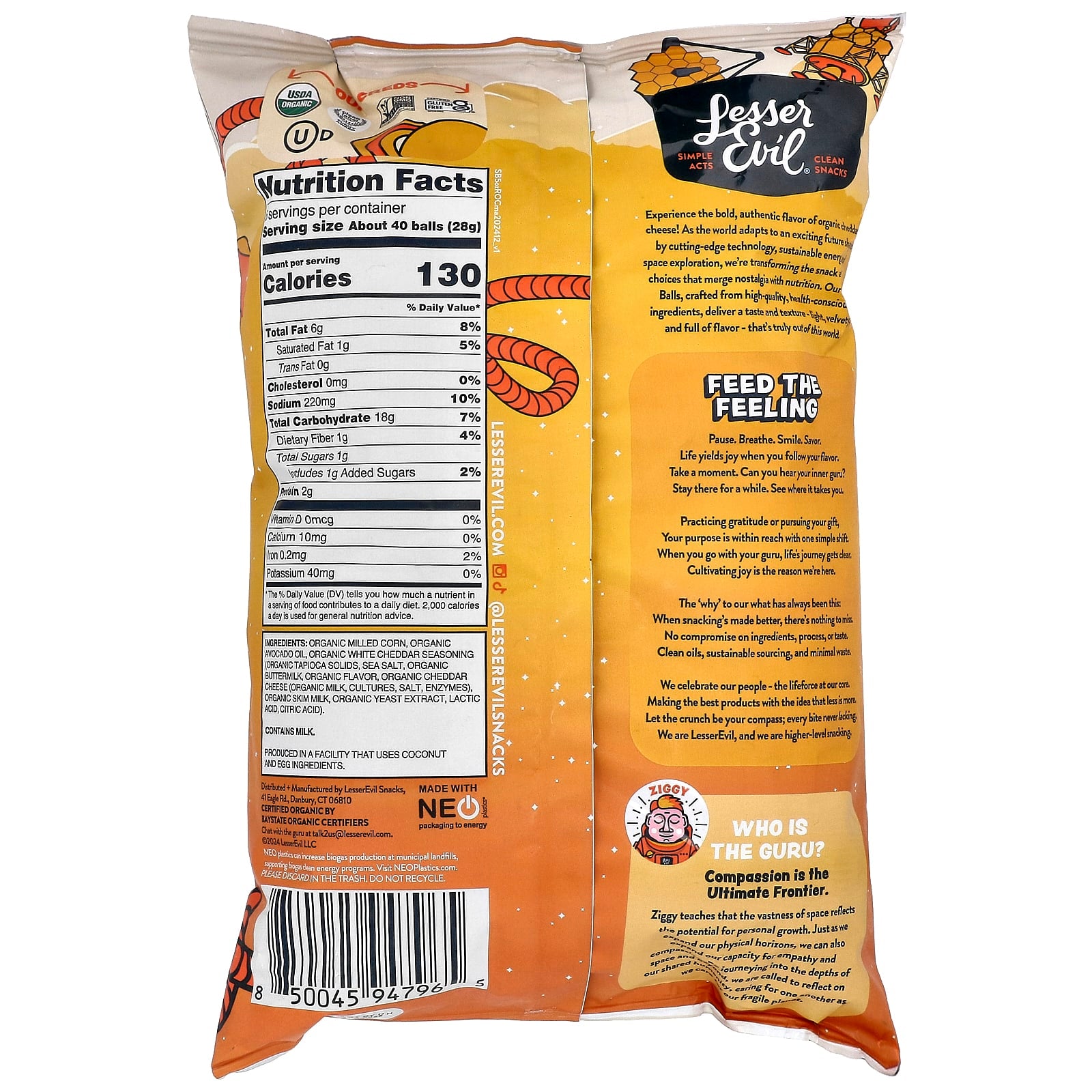 LesserEvil, Space Balls, Real Organic Cheddar, 5 oz (142 g) - Image 2