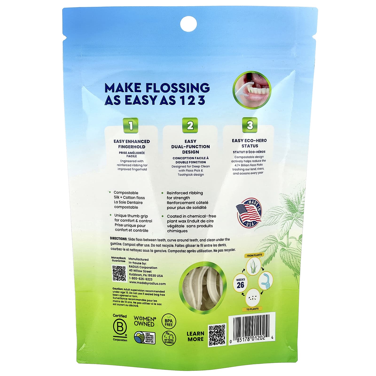 RADIUS, EcoClean Floss Picks™, Minty Peppermint, 50 Compostable Floss Picks - Image 2