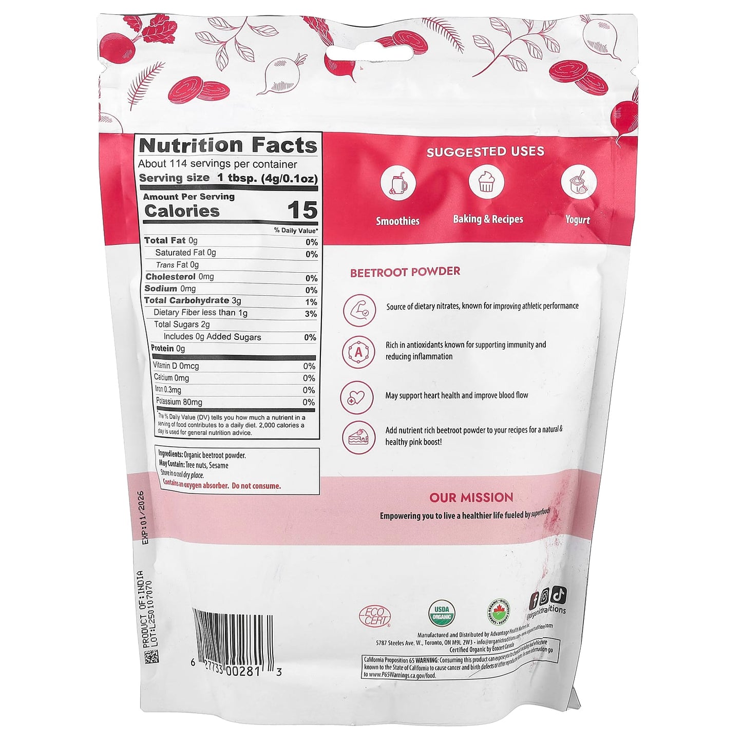 Organic Traditions, Beetroot Powder , 16 oz (454 g) - Image 2
